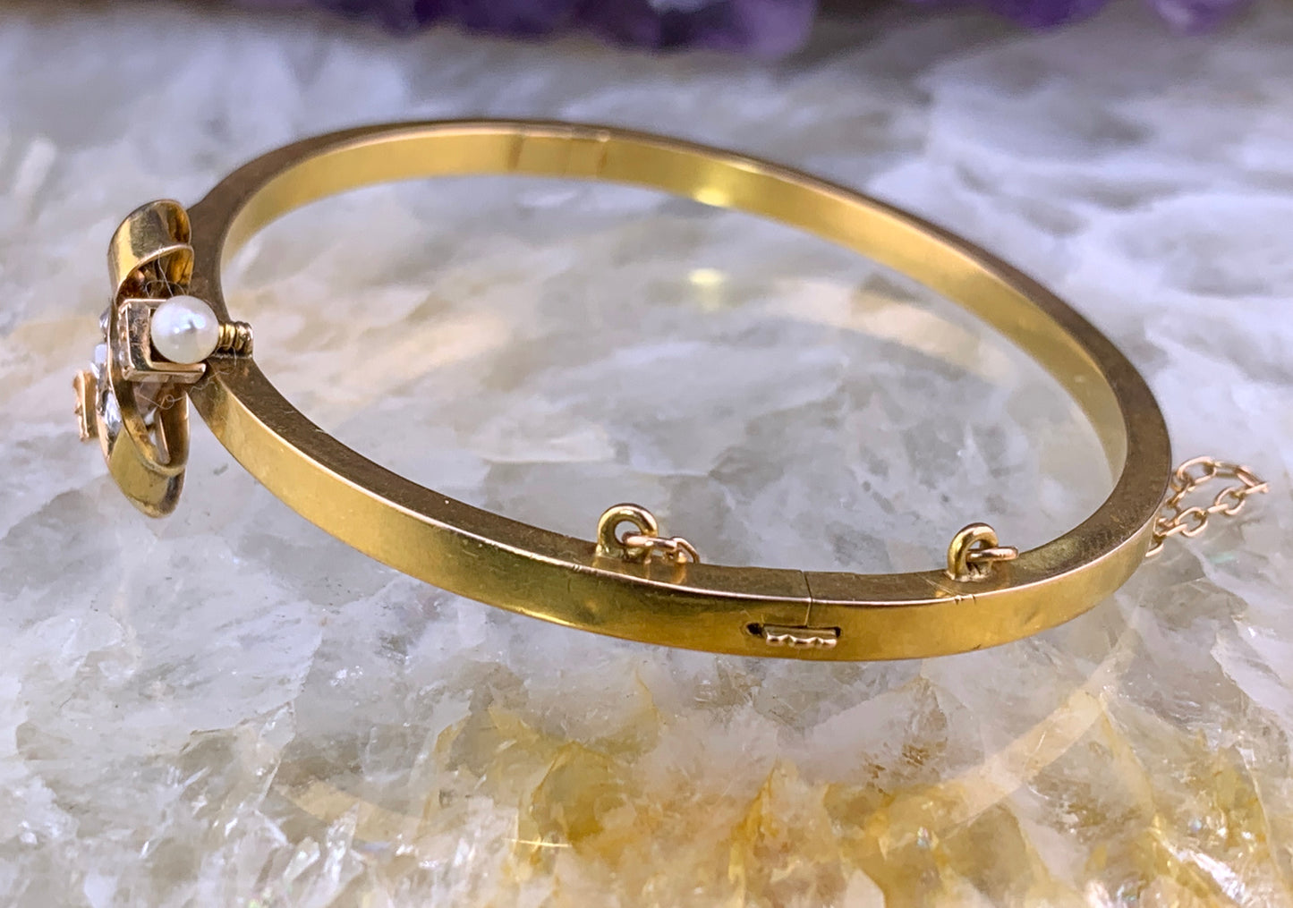 Antique 18K, Diamond & Pearl Bangle Bracelet