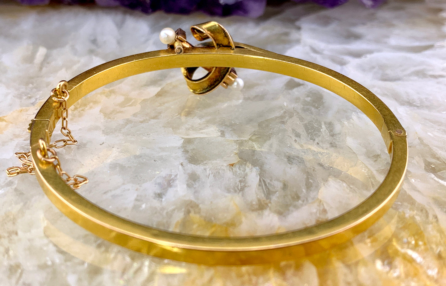 Antique 18K, Diamond & Pearl Bangle Bracelet