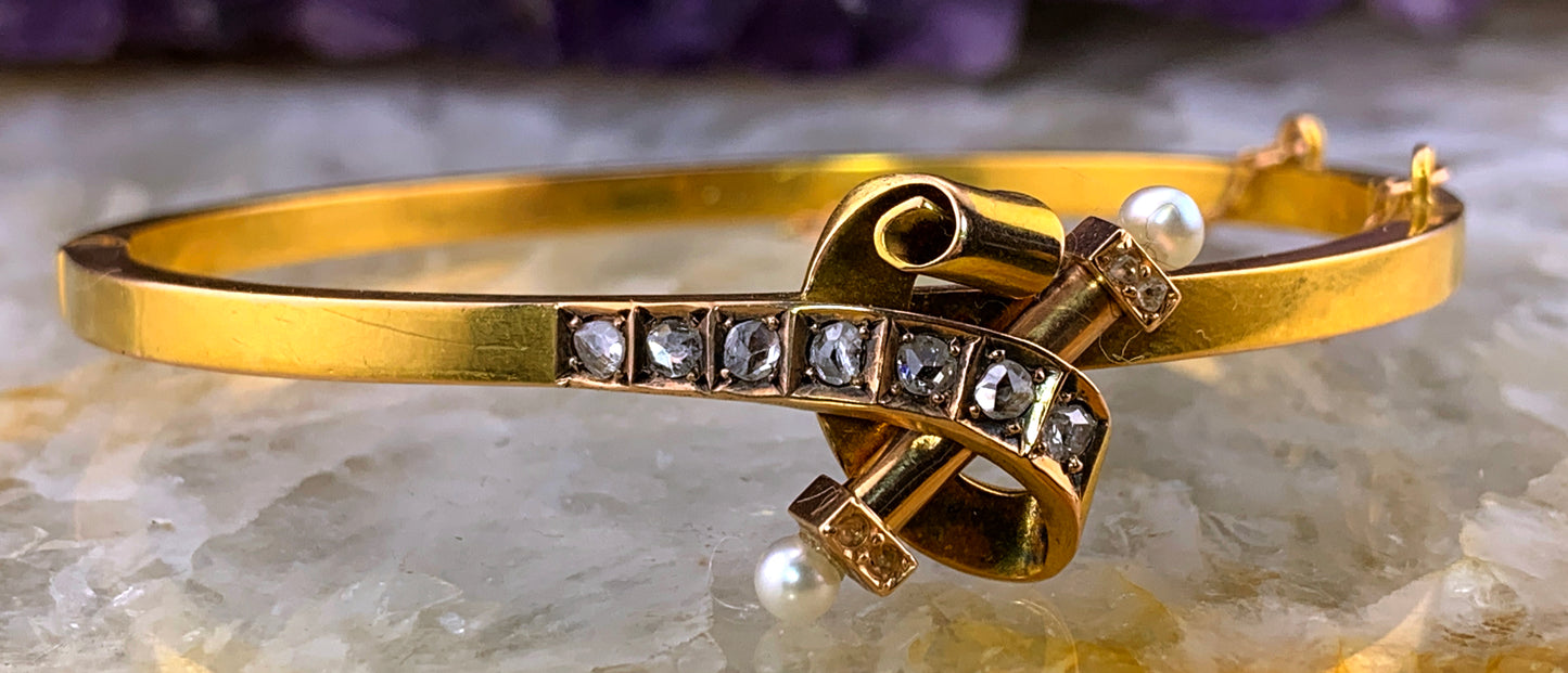 Antique 18K, Diamond & Pearl Bangle Bracelet