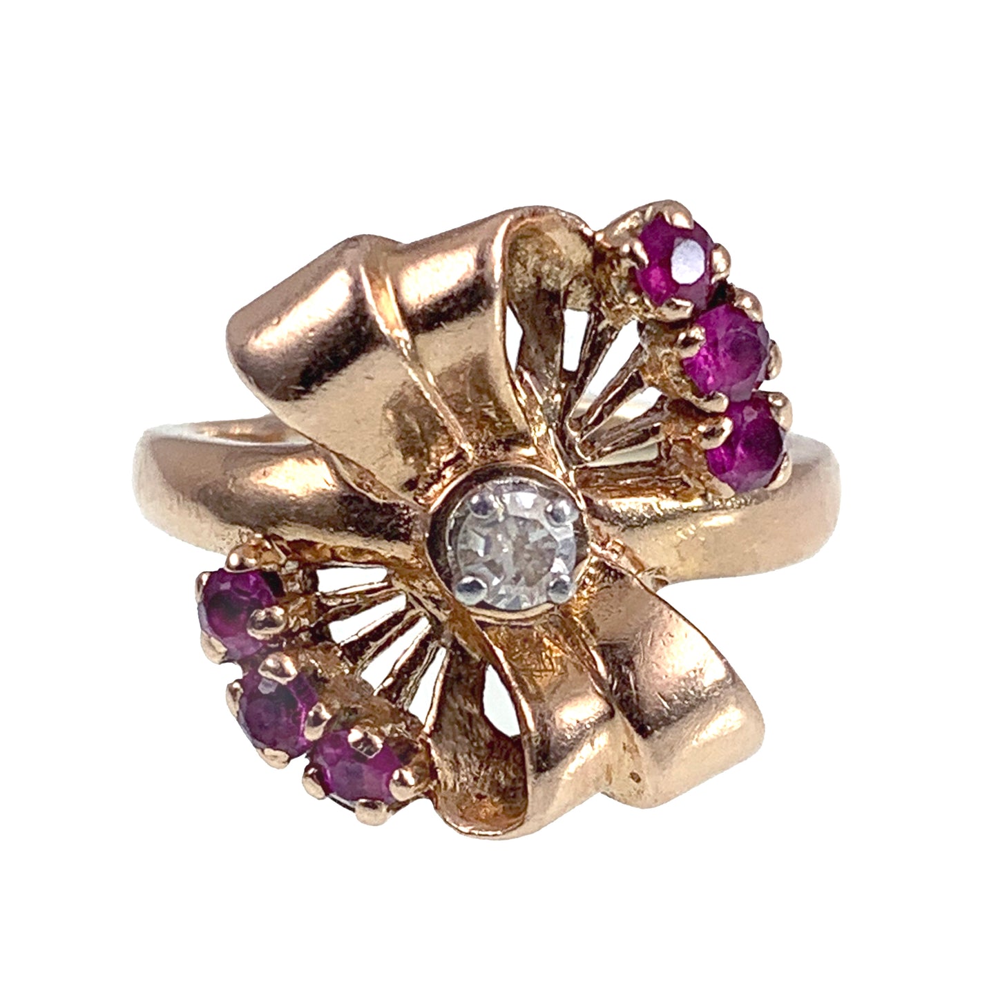 Vintage Retro 14K, Diamond & Ruby Bow Ring