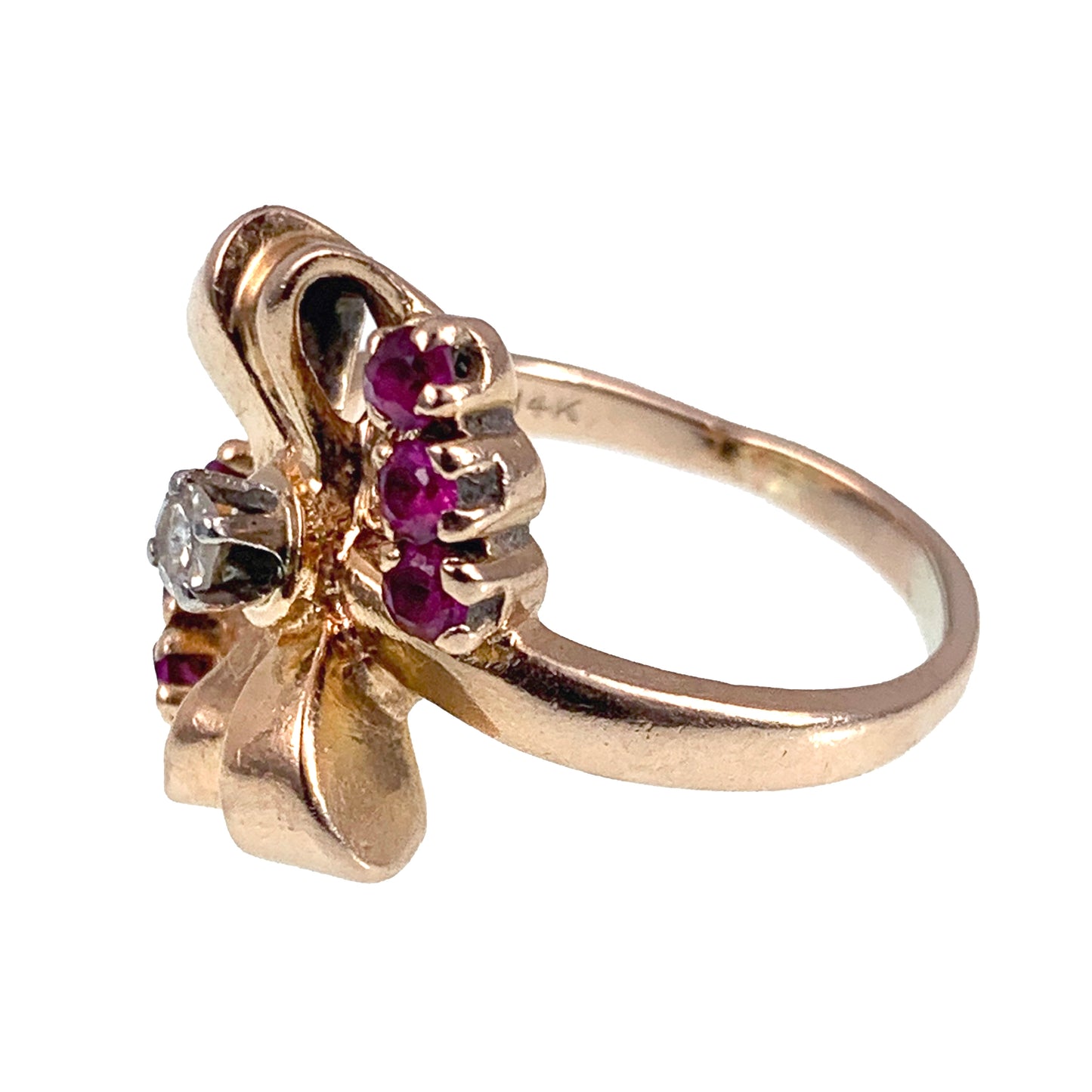 Vintage Retro 14K, Diamond & Ruby Bow Ring