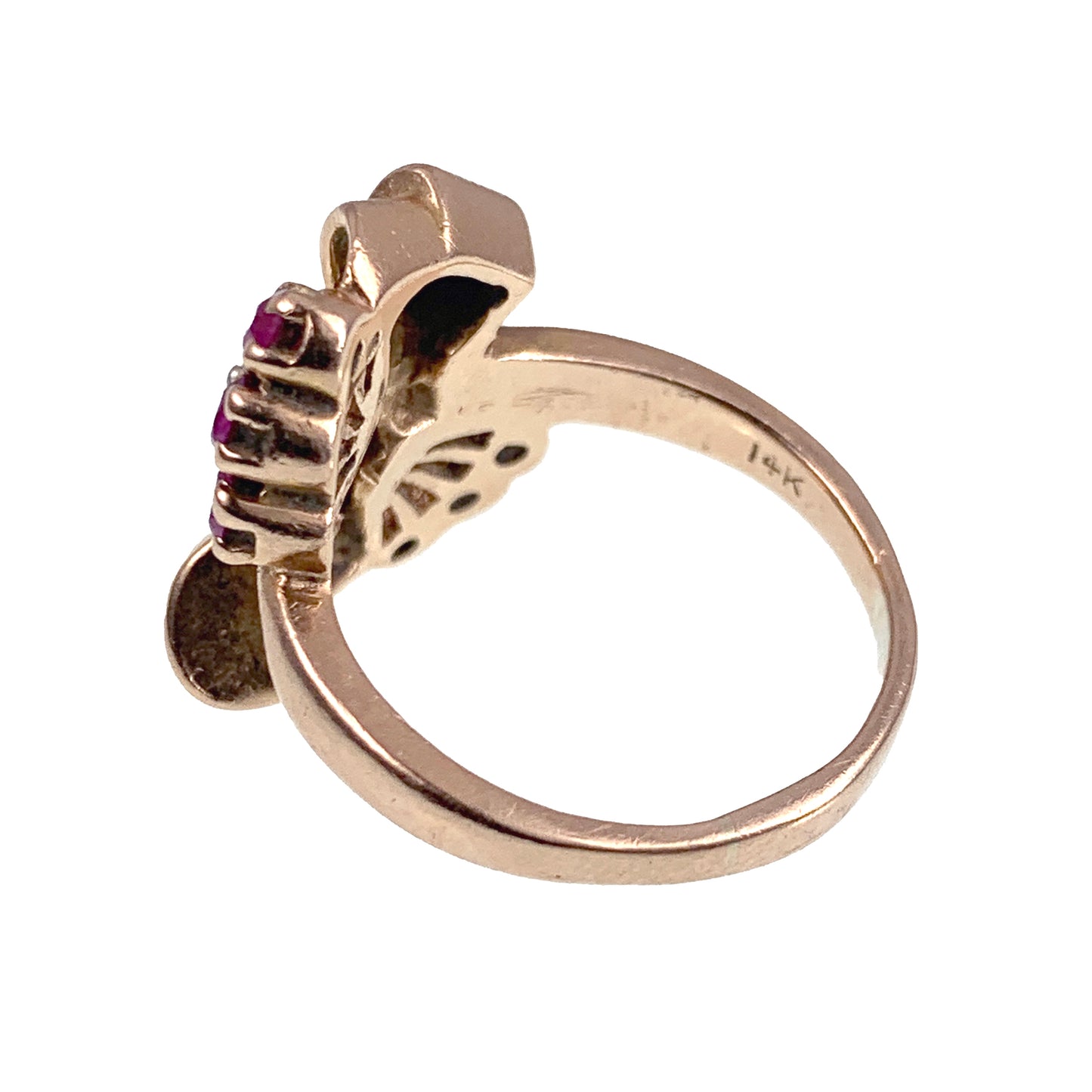 Vintage Retro 14K, Diamond & Ruby Bow Ring