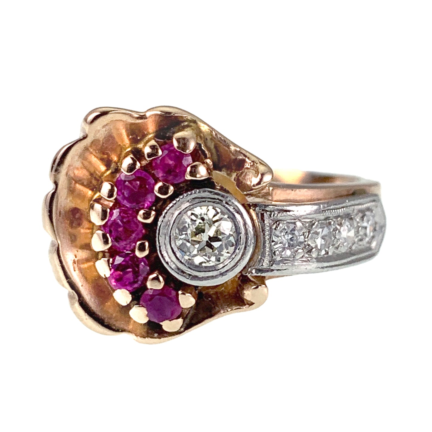 Vintage Retro 14K Rose Gold, Platinum, Diamond & Ruby Ring