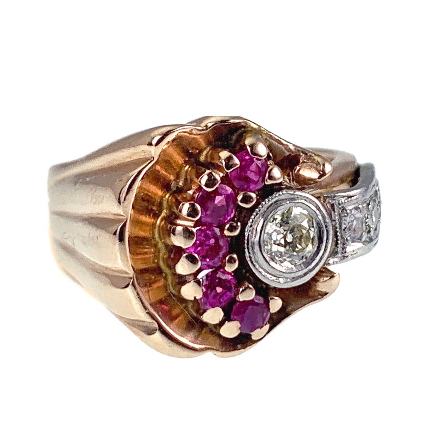 Vintage Retro 14K Rose Gold, Platinum, Diamond & Ruby Ring