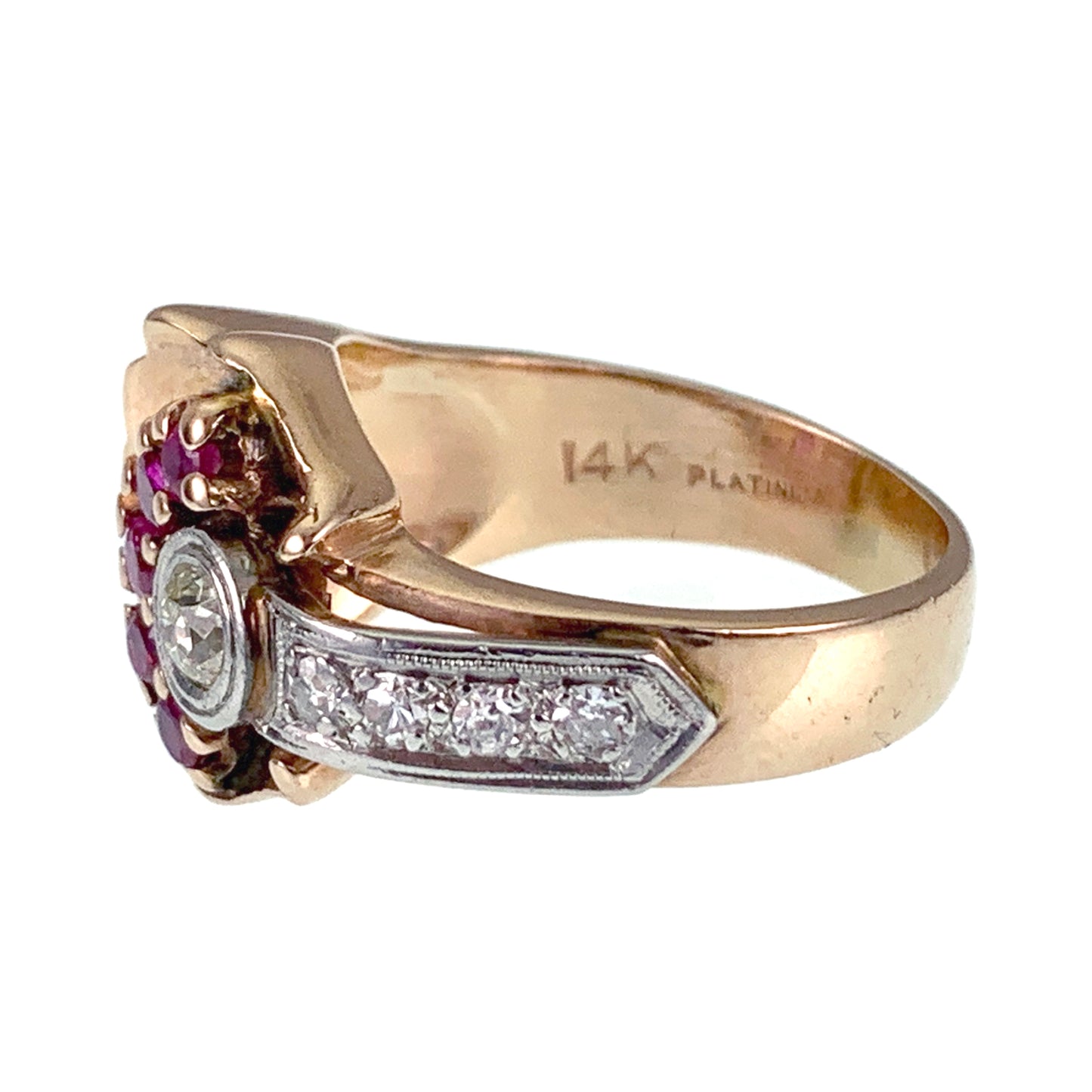 Vintage Retro 14K Rose Gold, Platinum, Diamond & Ruby Ring