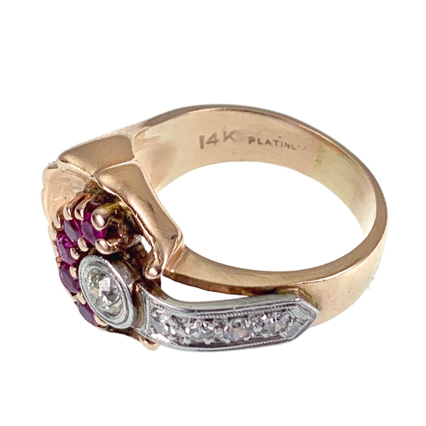 Vintage Retro 14K Rose Gold, Platinum, Diamond & Ruby Ring