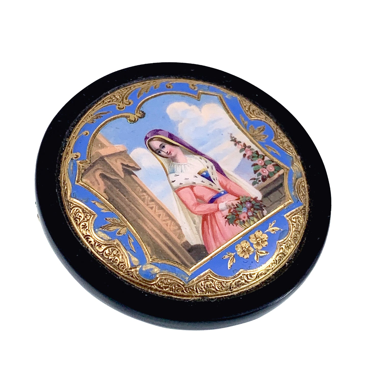 Antique 14K Hand Painted Enamel Portrait In Onyx Brooch