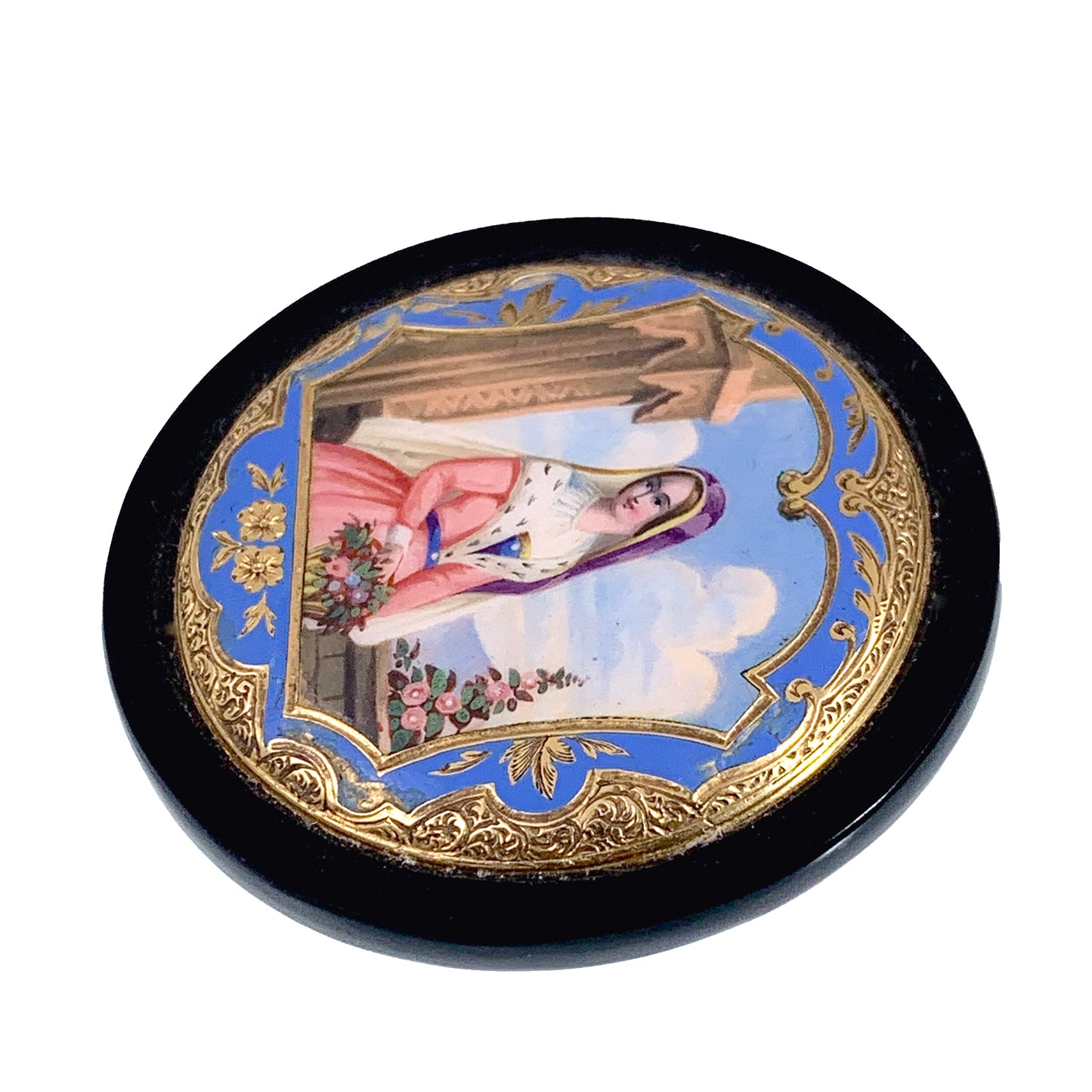 Antique 14K Hand Painted Enamel Portrait In Onyx Brooch