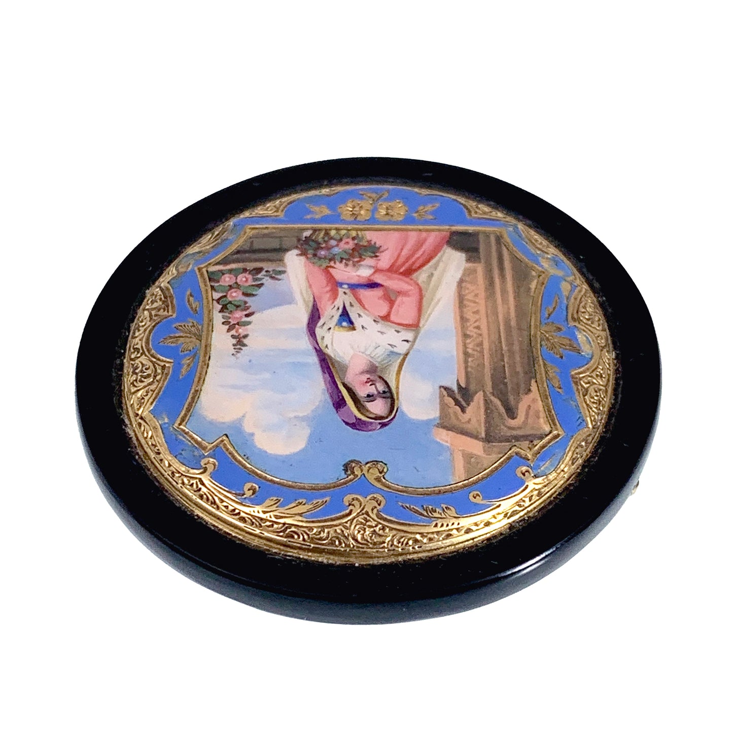 Antique 14K Hand Painted Enamel Portrait In Onyx Brooch