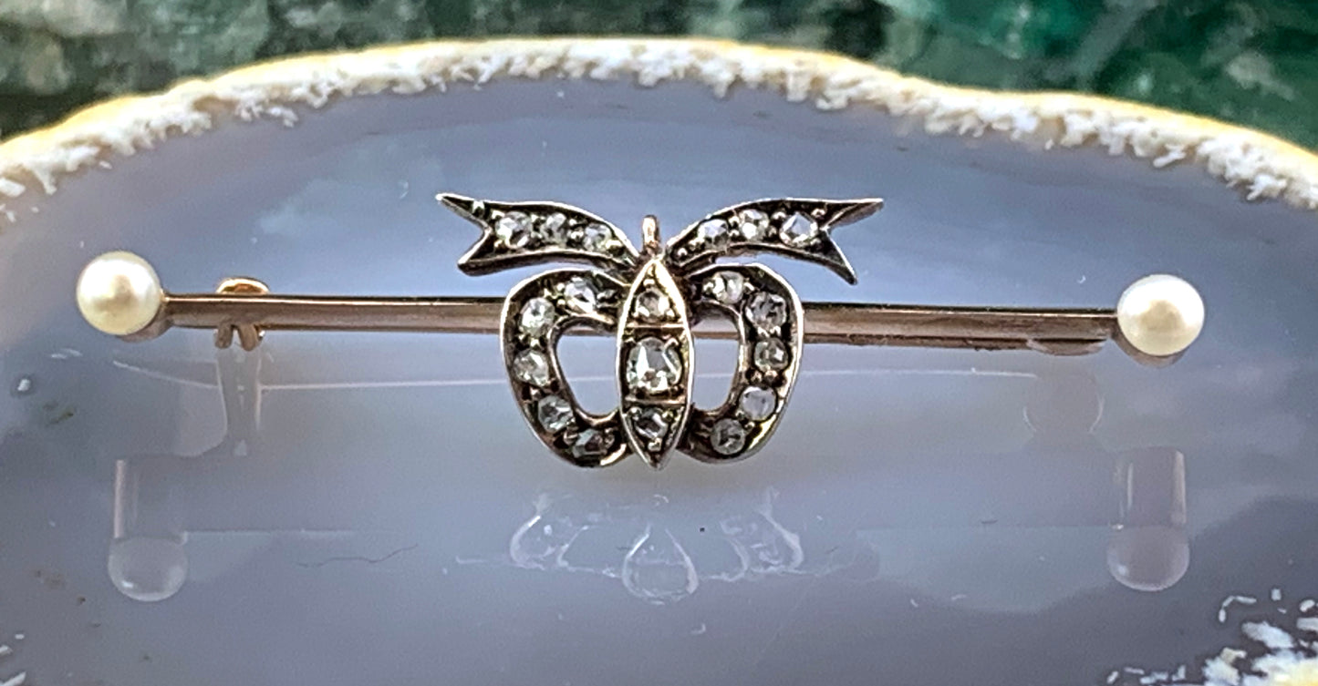 Antique 9K, Silver, Pearl & Diamond Bow Brooch