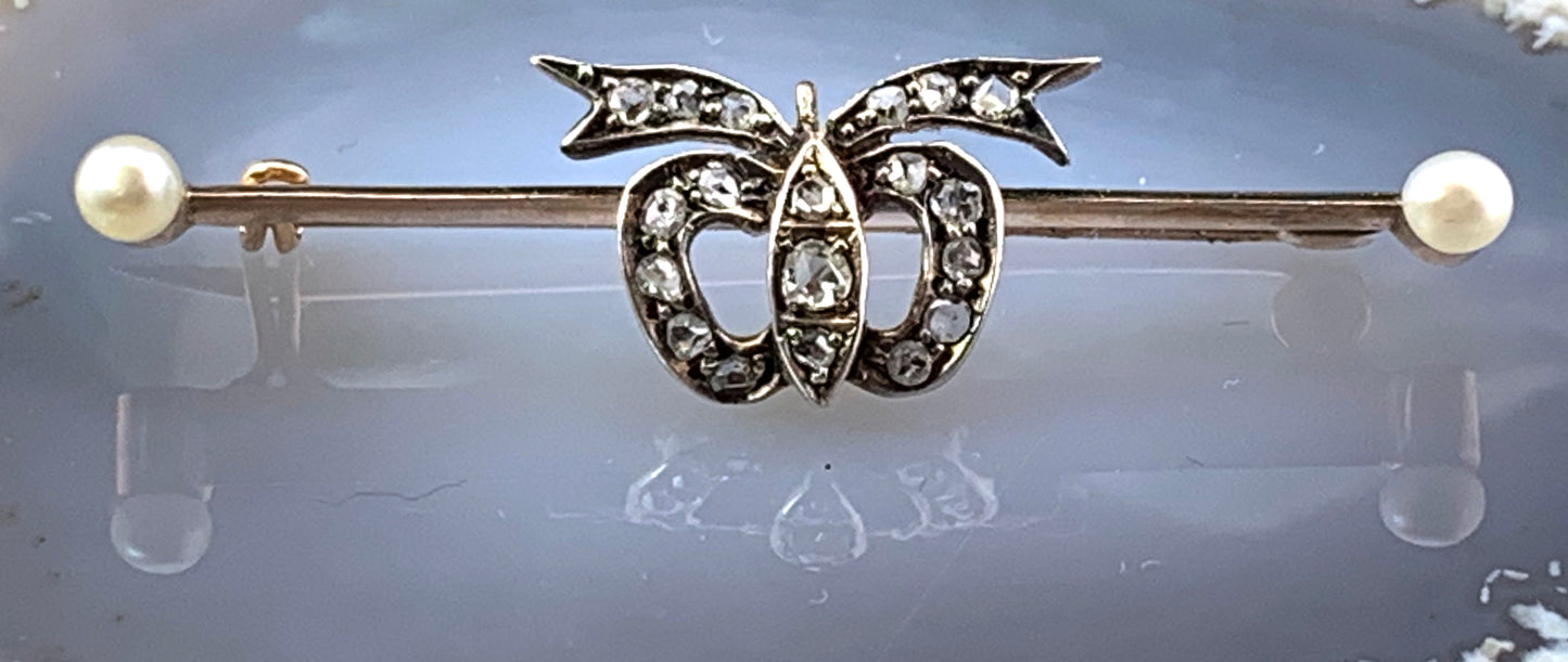 Antique 9K, Silver, Pearl & Diamond Bow Brooch