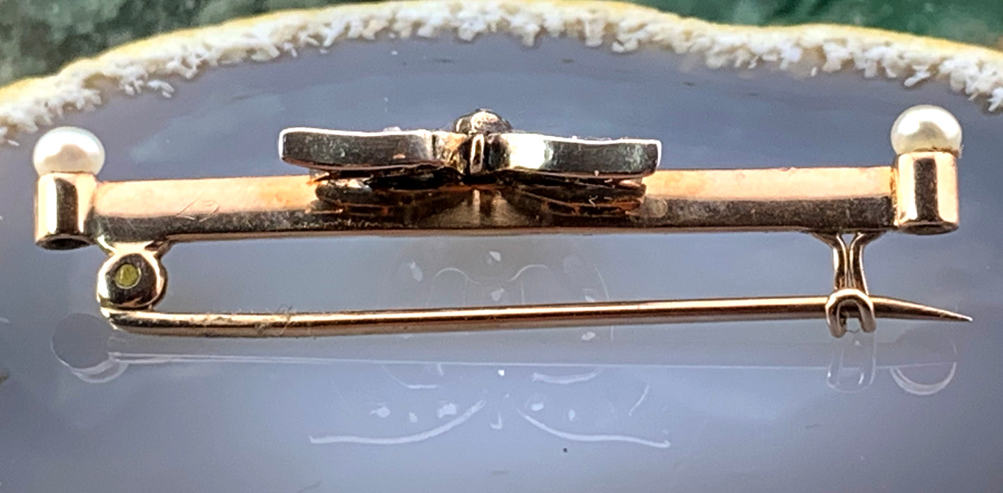 Antique 9K, Silver, Pearl & Diamond Bow Brooch