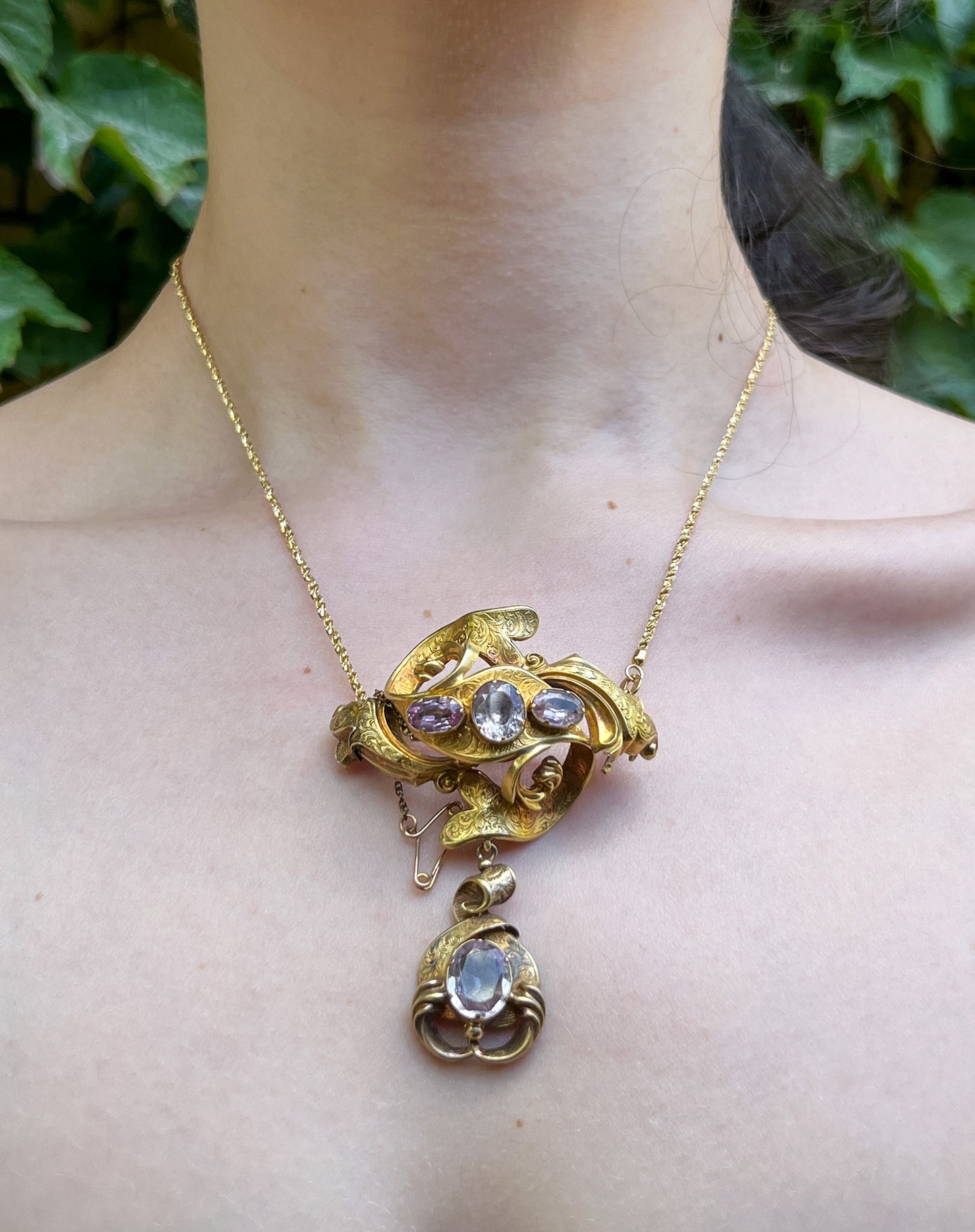 Antique Archeological Revival 15K & Pink Topaz Brooch