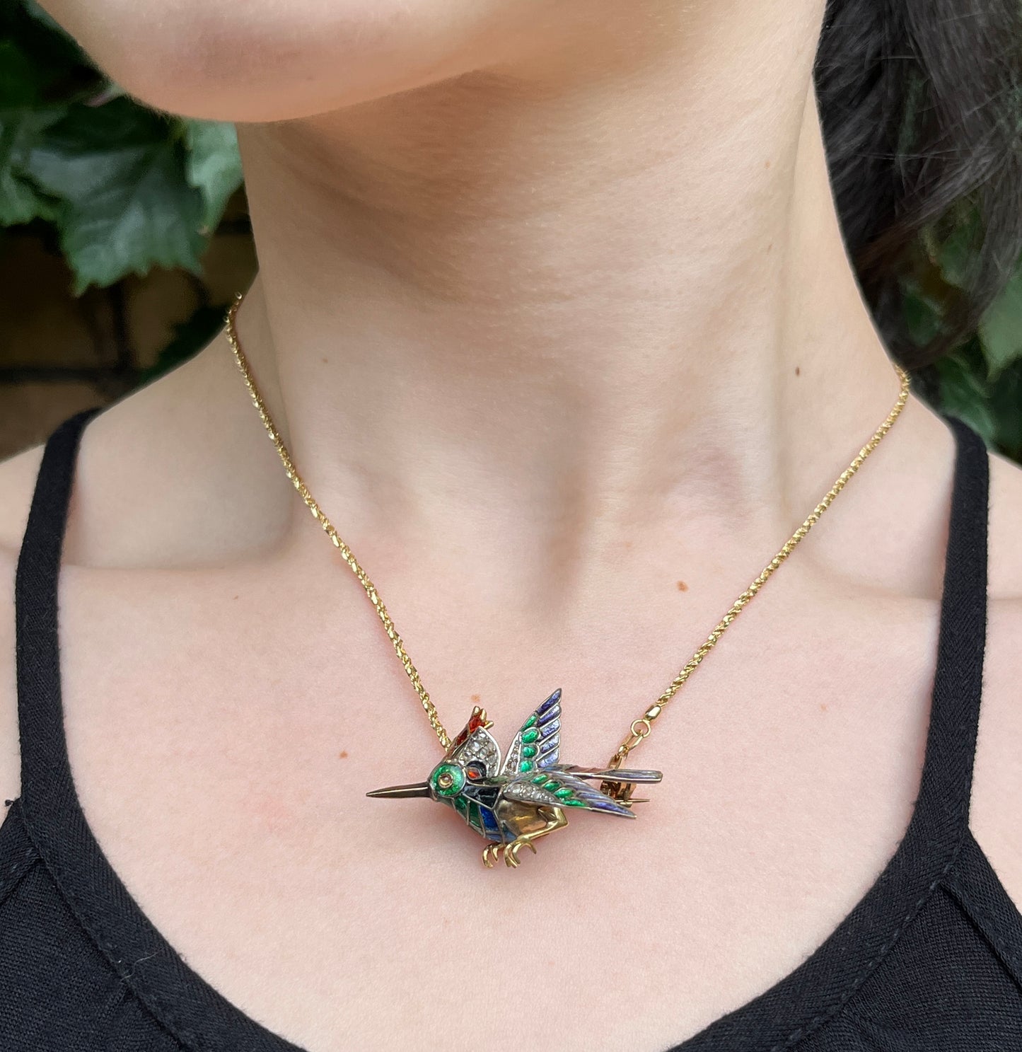 Antique 18K, Silver, Diamond & Enamel Kingfisher Bird Brooch