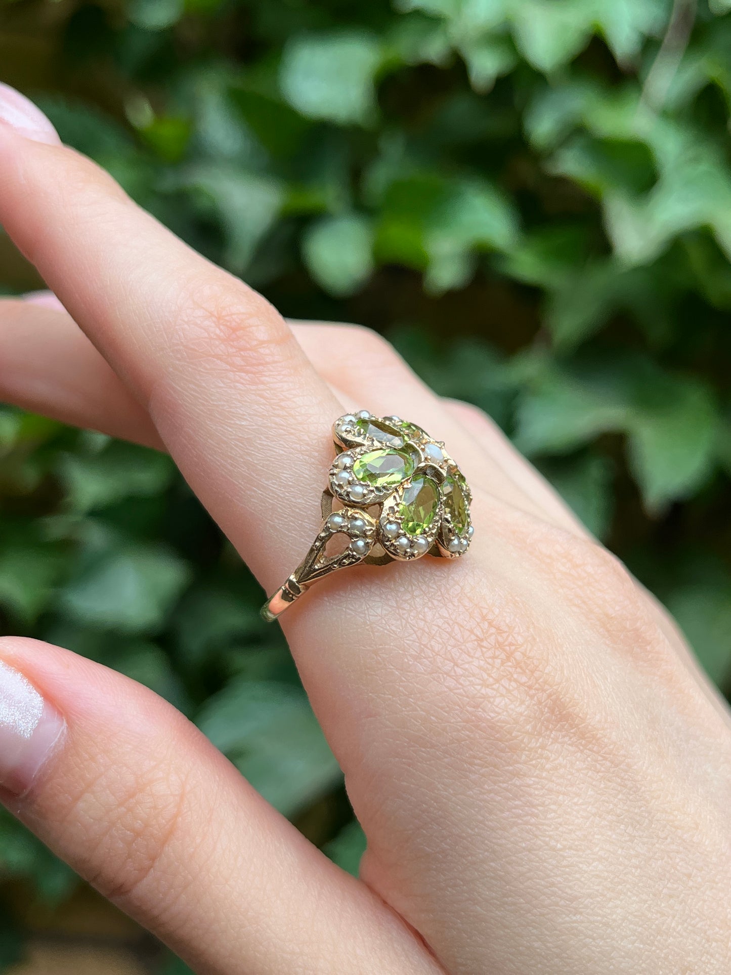 Vintage 9K, Peridot, Selenite & Seed Pearl Cocktail Ring