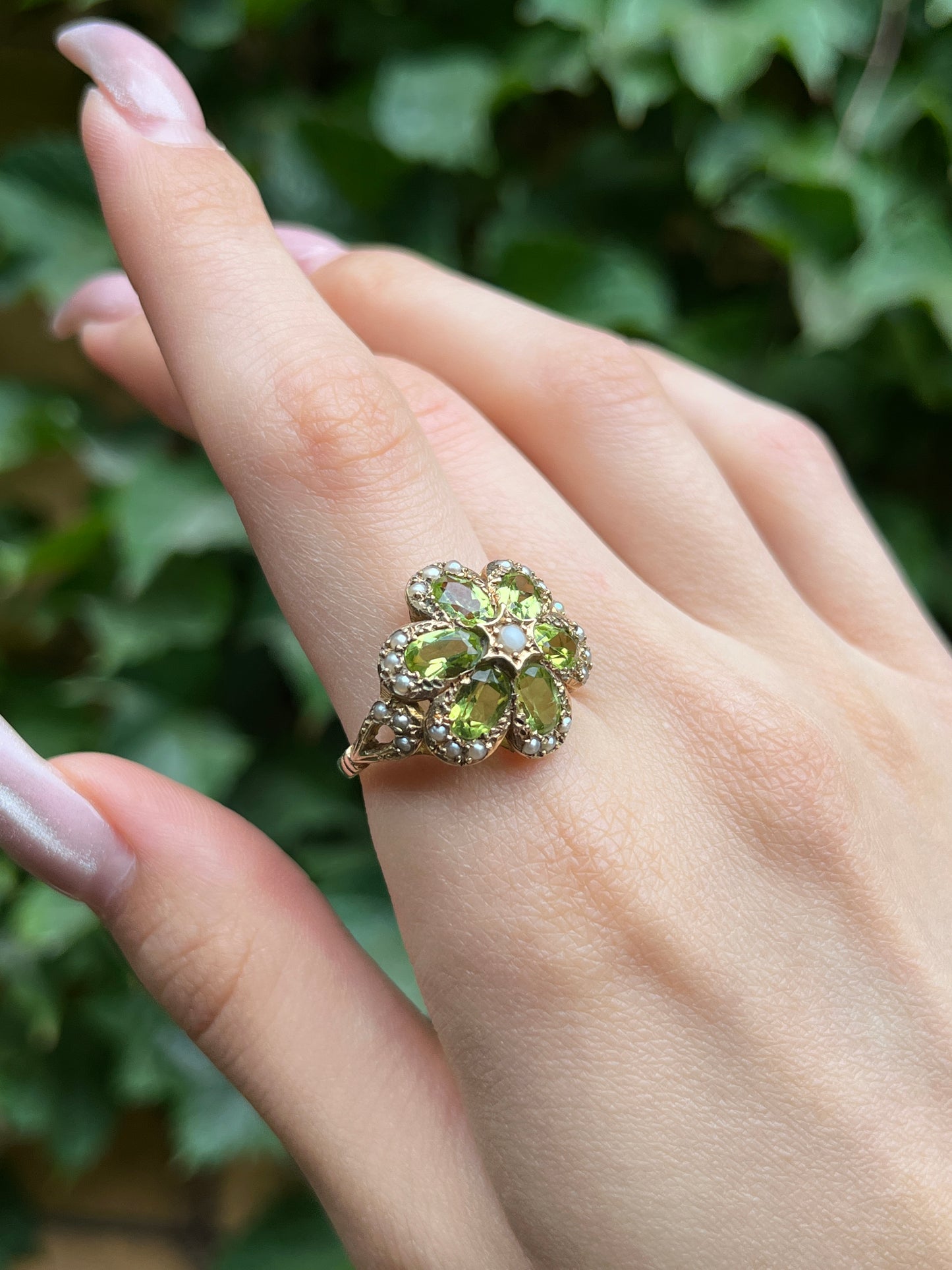 Vintage 9K, Peridot, Selenite & Seed Pearl Cocktail Ring