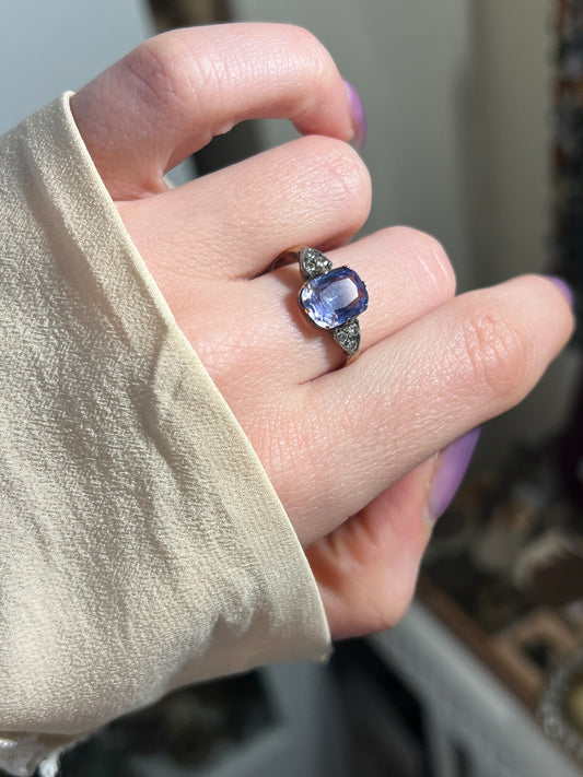 Antique French 18K Periwinkle Sapphire & Diamond Ring
