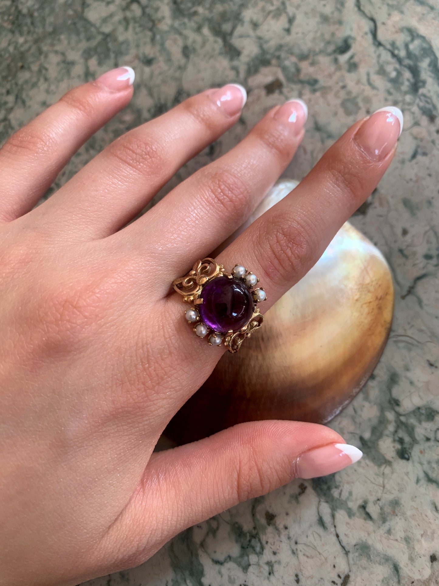 SOLD Estate 14K, Amethyst & Seed Pearl Ring