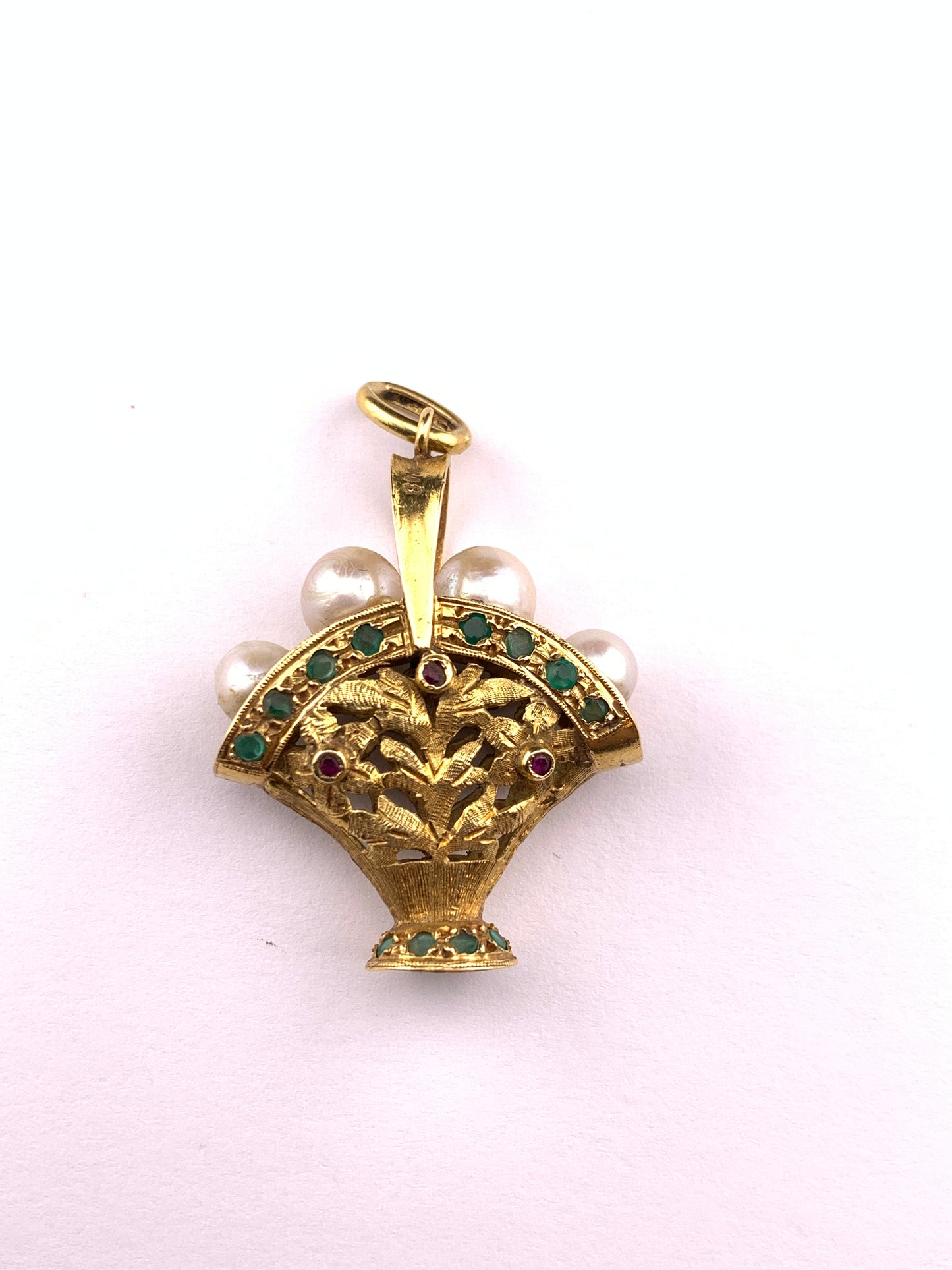 Vintage 18K, Ruby, Emerald & Pearl Italian Basket Pendant