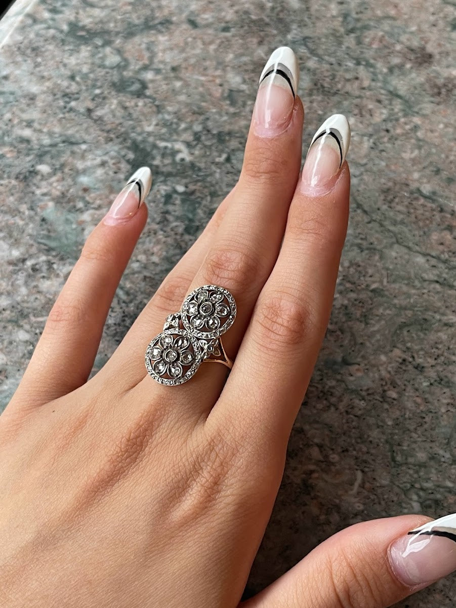 SOLD Antique Victorian 18K, Platinum & Diamond Double Flower Ring