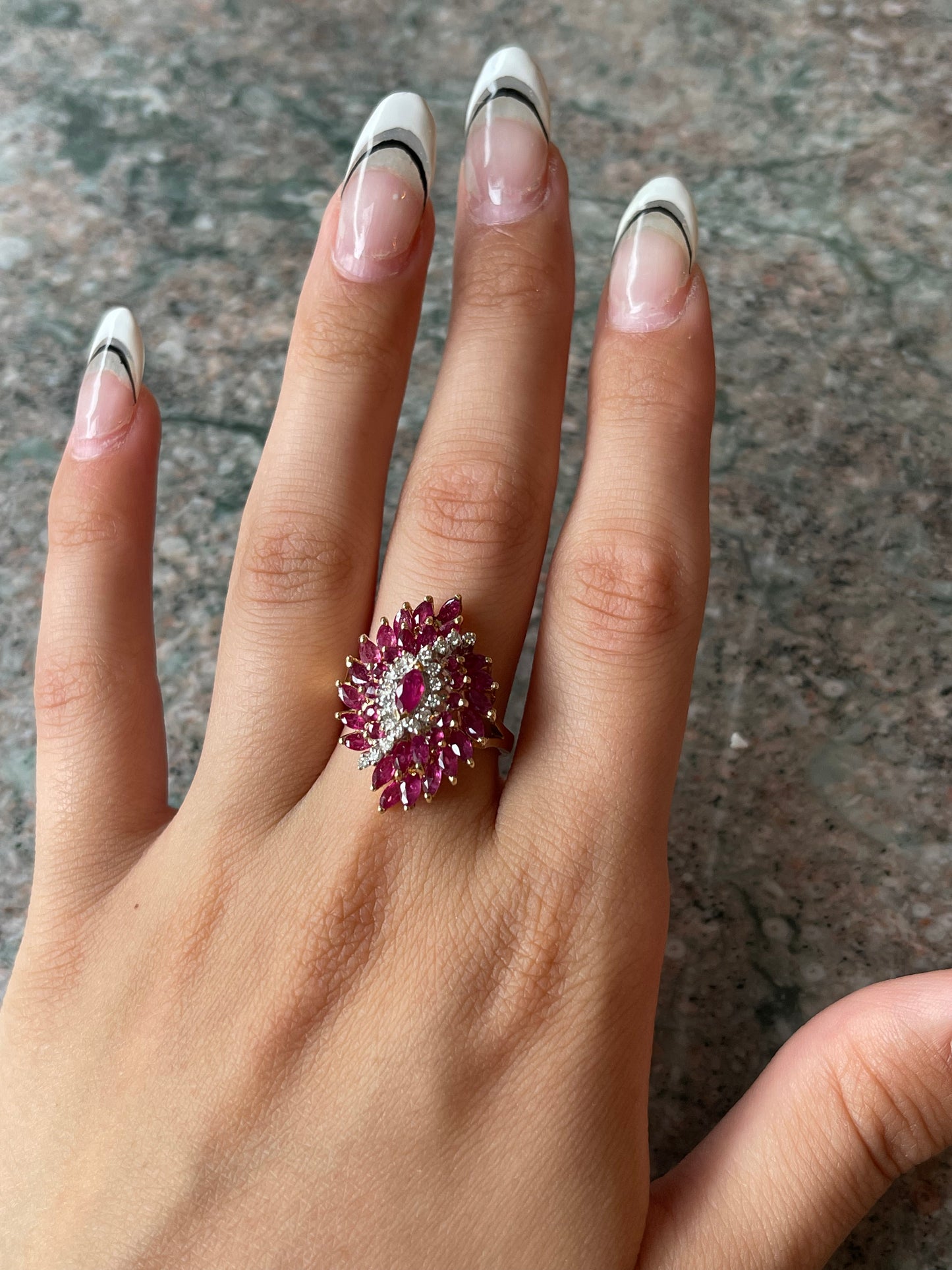 SOLD Vintage 14K, Diamond & Ruby Waterfall Cocktail Ring