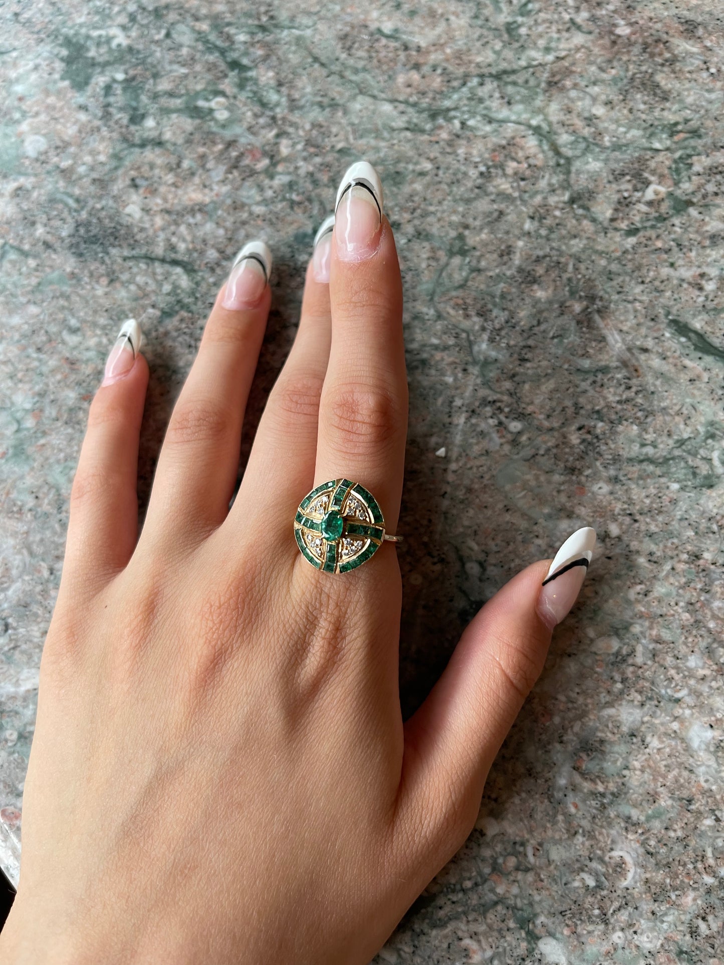 SOLD Vintage 18K, Diamond & Emerald Cocktail Ring