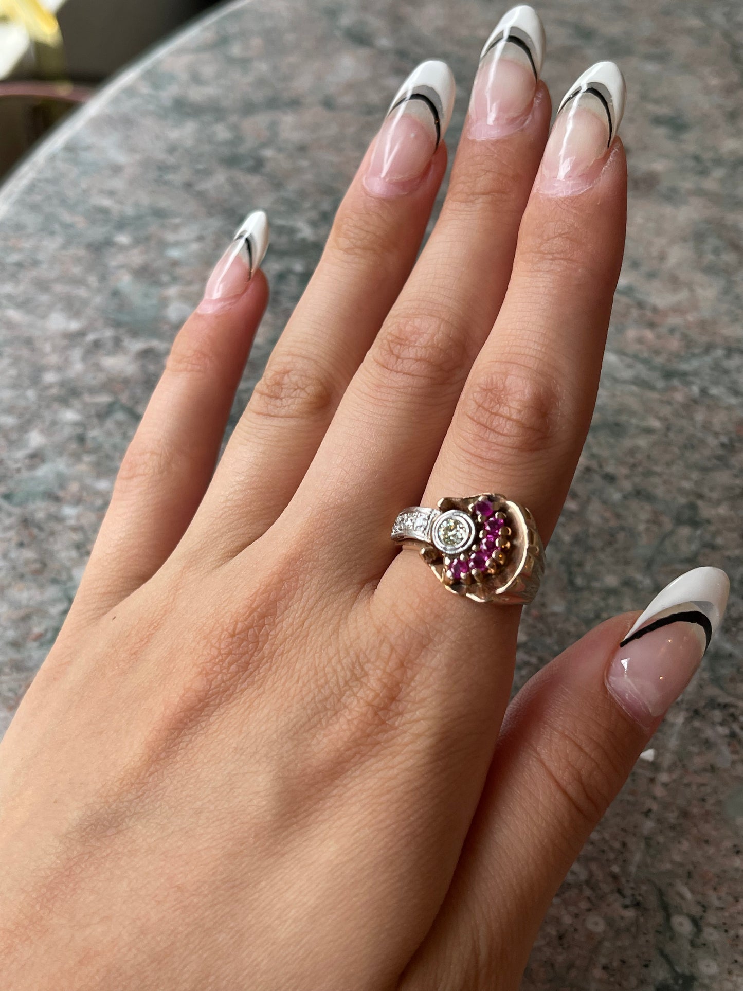 Vintage Retro 14K Rose Gold, Platinum, Diamond & Ruby Ring