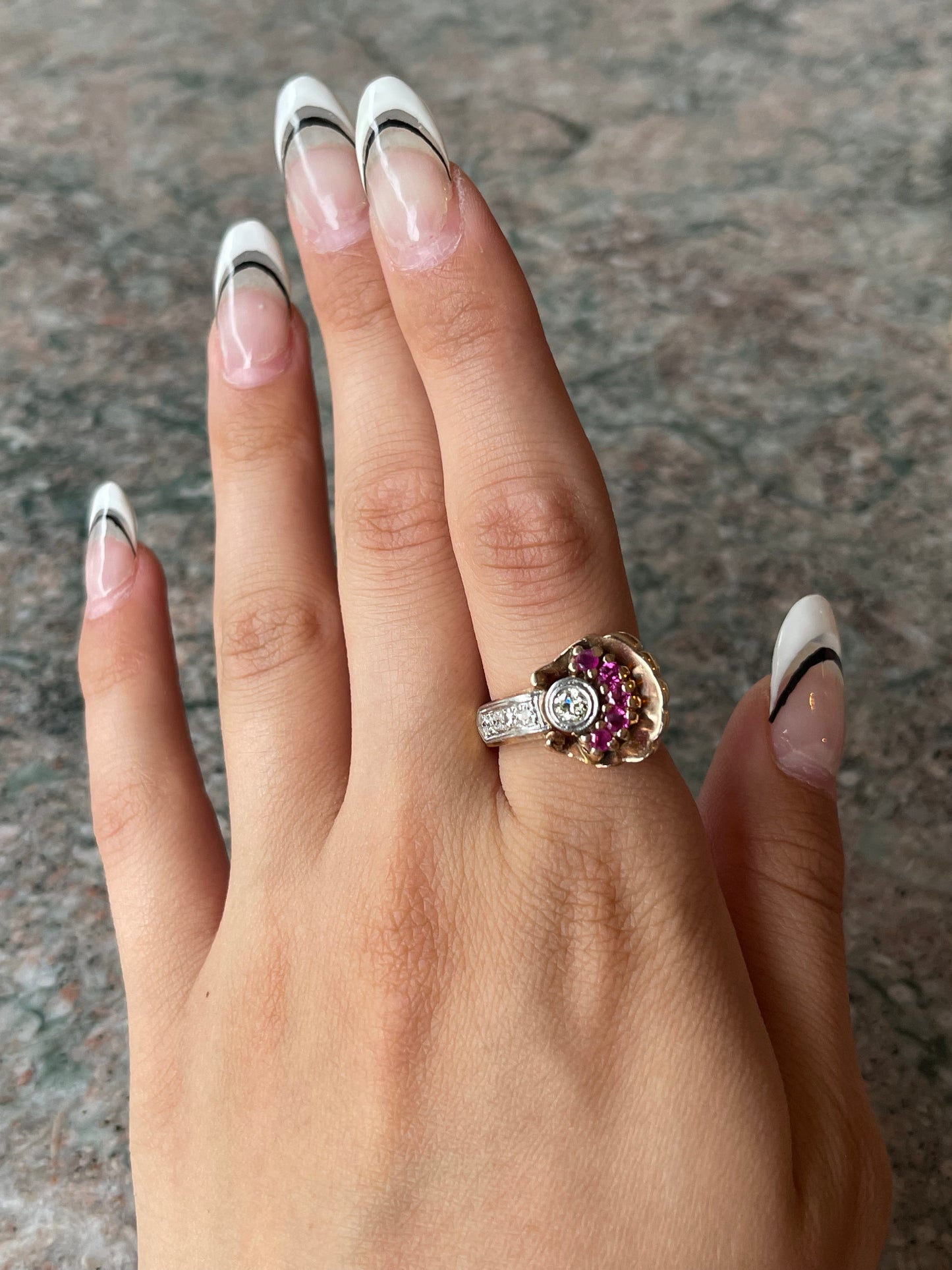 Vintage Retro 14K Rose Gold, Platinum, Diamond & Ruby Ring