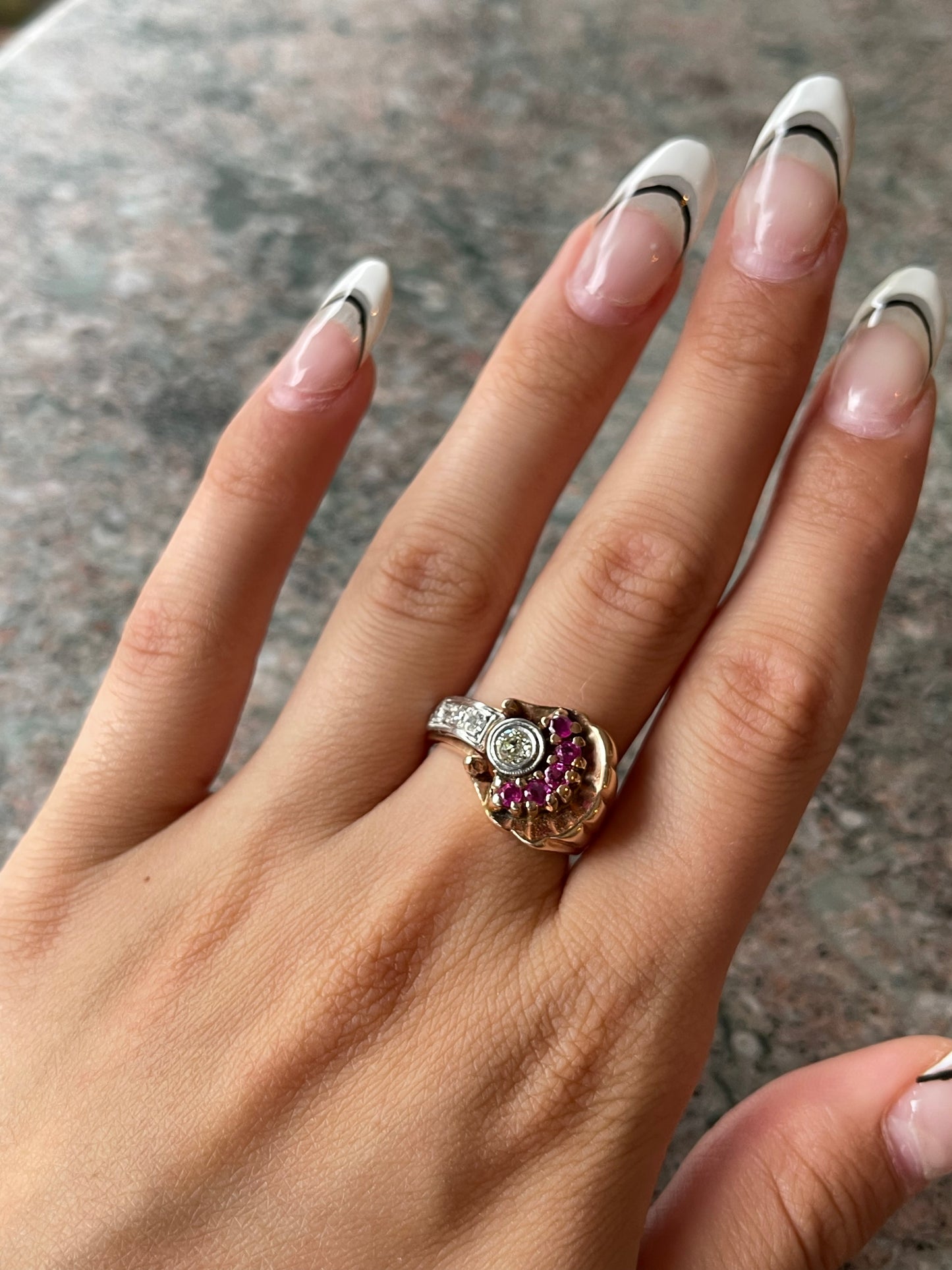 Vintage Retro 14K Rose Gold, Platinum, Diamond & Ruby Ring