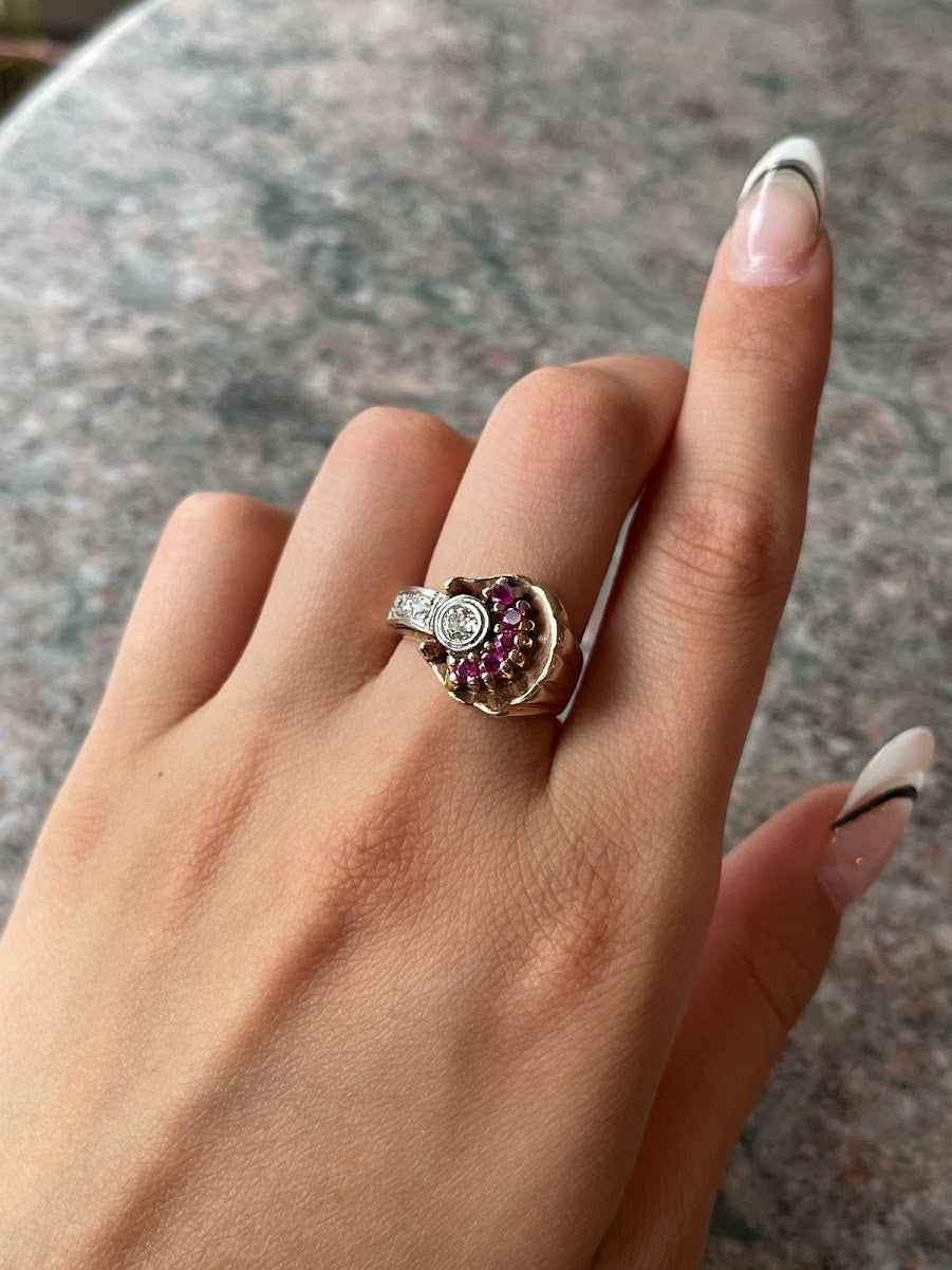 Vintage Retro 14K Rose Gold, Platinum, Diamond & Ruby Ring