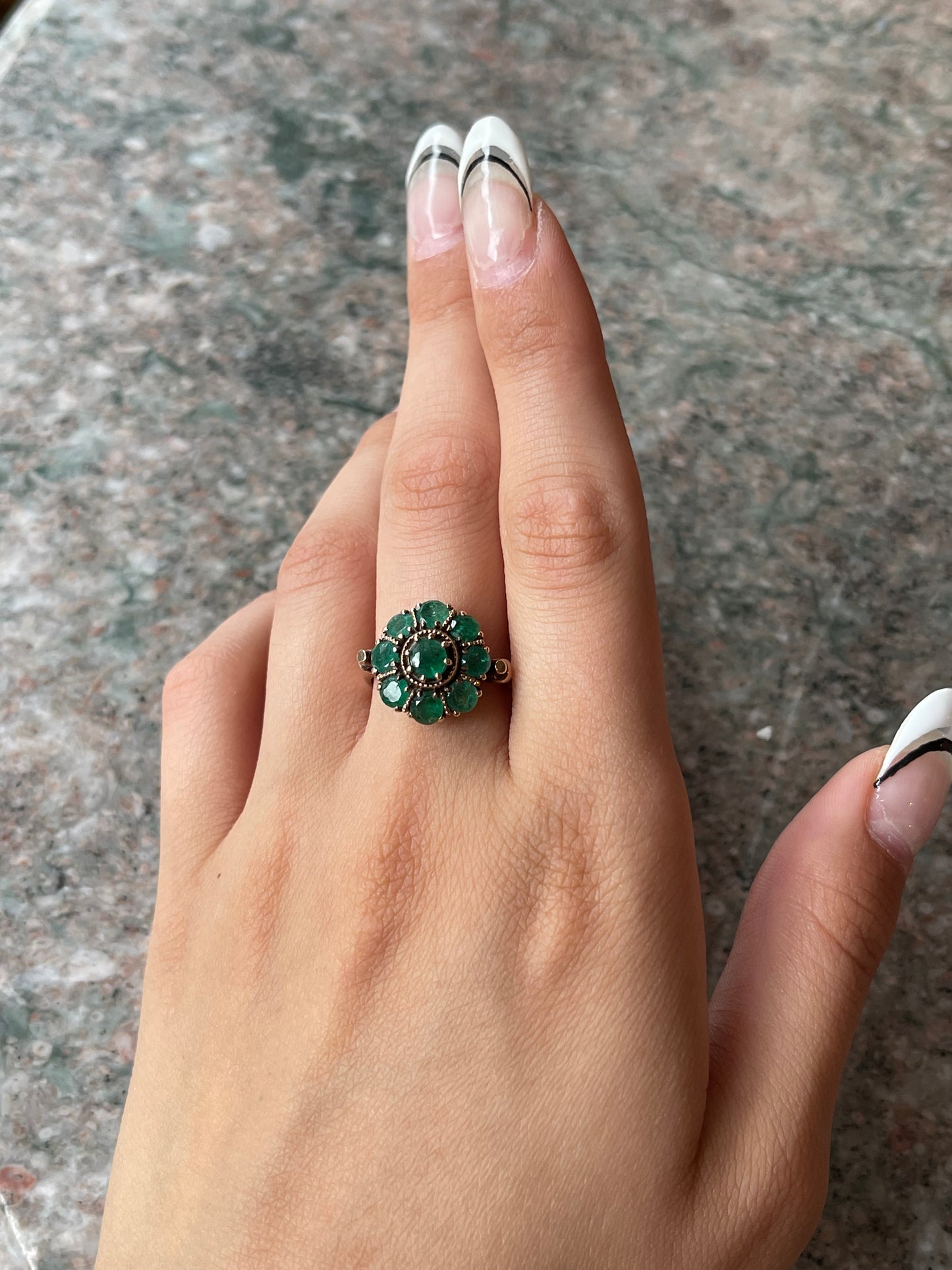 Antique 12K & Emerald Daisy Ring
