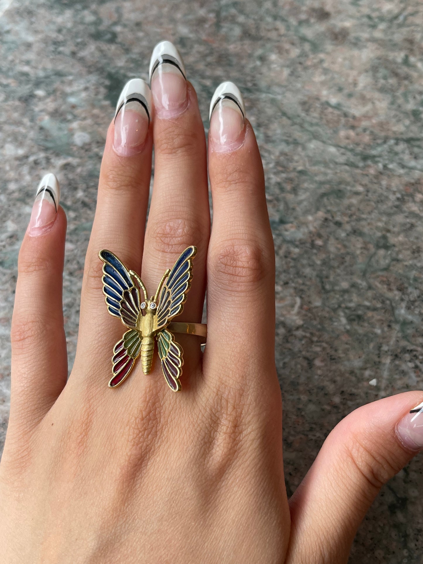 Sold Antique 18K, 14K, Diamond & Plique-A-Jour Butterfly Conversion Ring