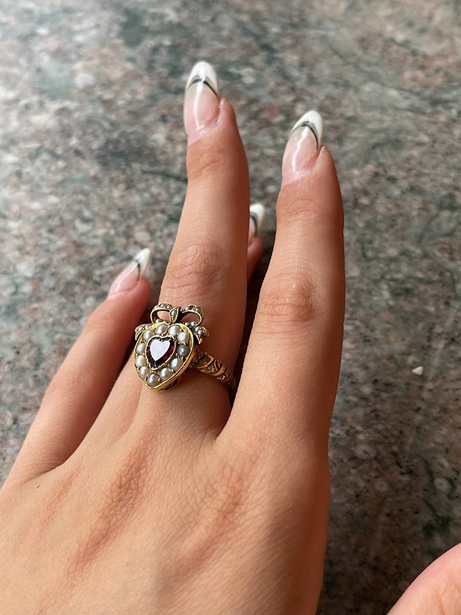 Antique 18K, 14K, Garnet & Seed Pearl Heart Conversion Ring
