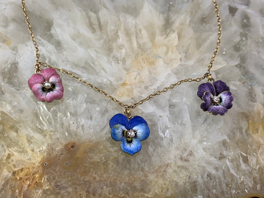 SOLD Antique 14K, Diamond & Enamel Pansy Necklace