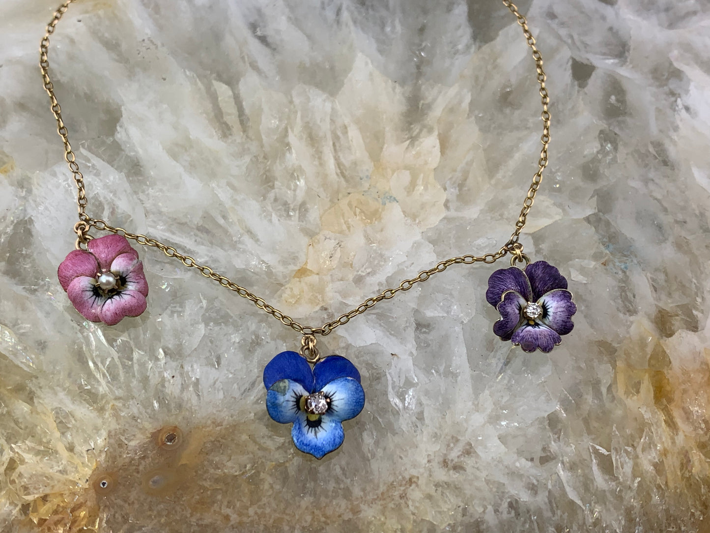 Antique 14K, Diamond & Enamel Pansy Necklace