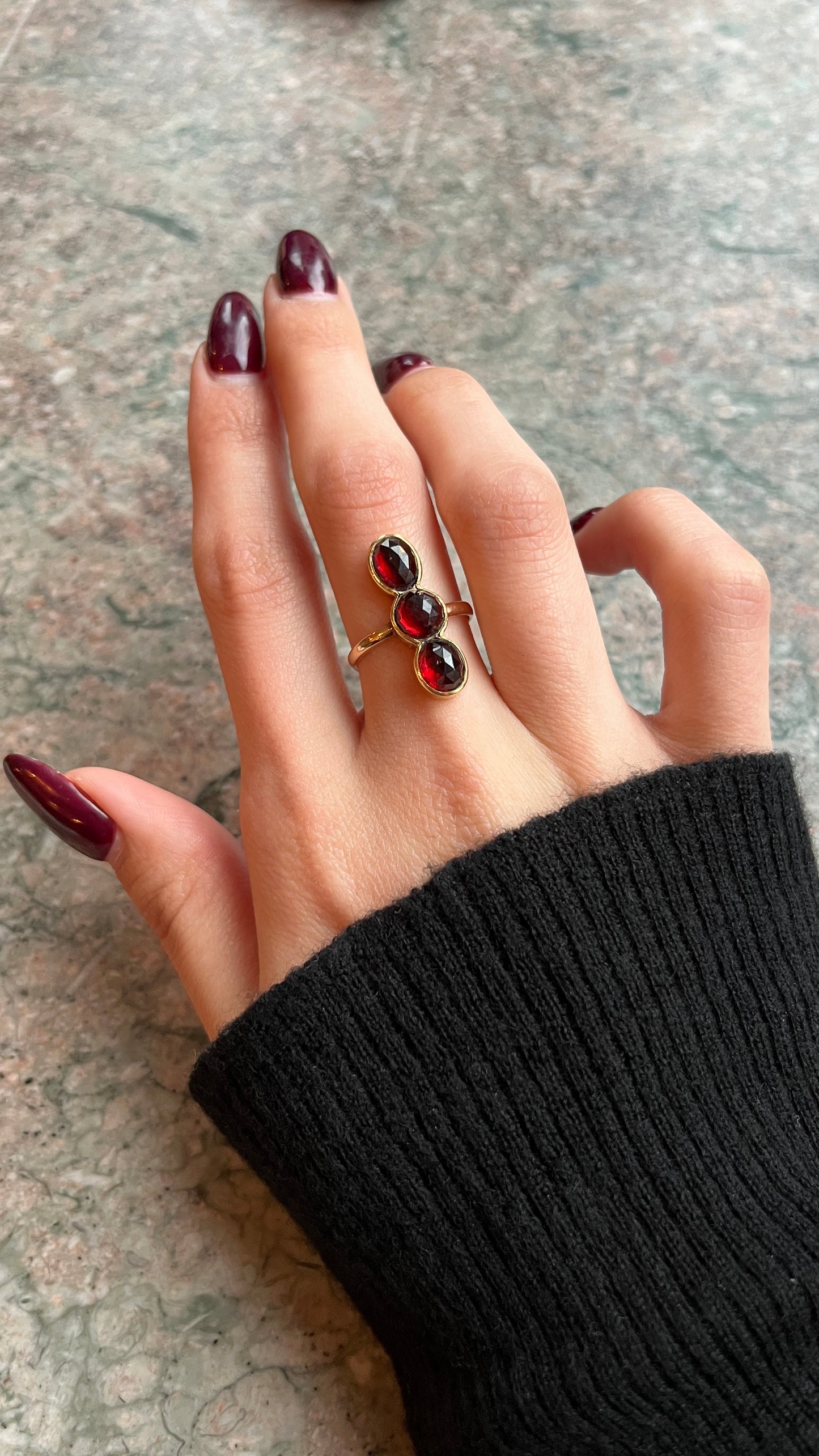 Antique 18K Bohemian Triple Garnet Ring