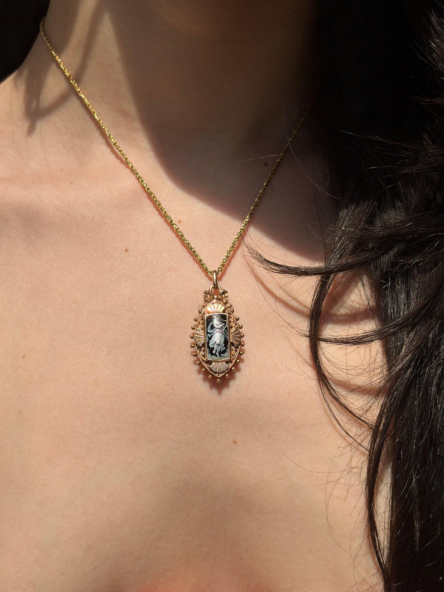 Antique French 18K & Hand Painted Enamel Locket Pendant