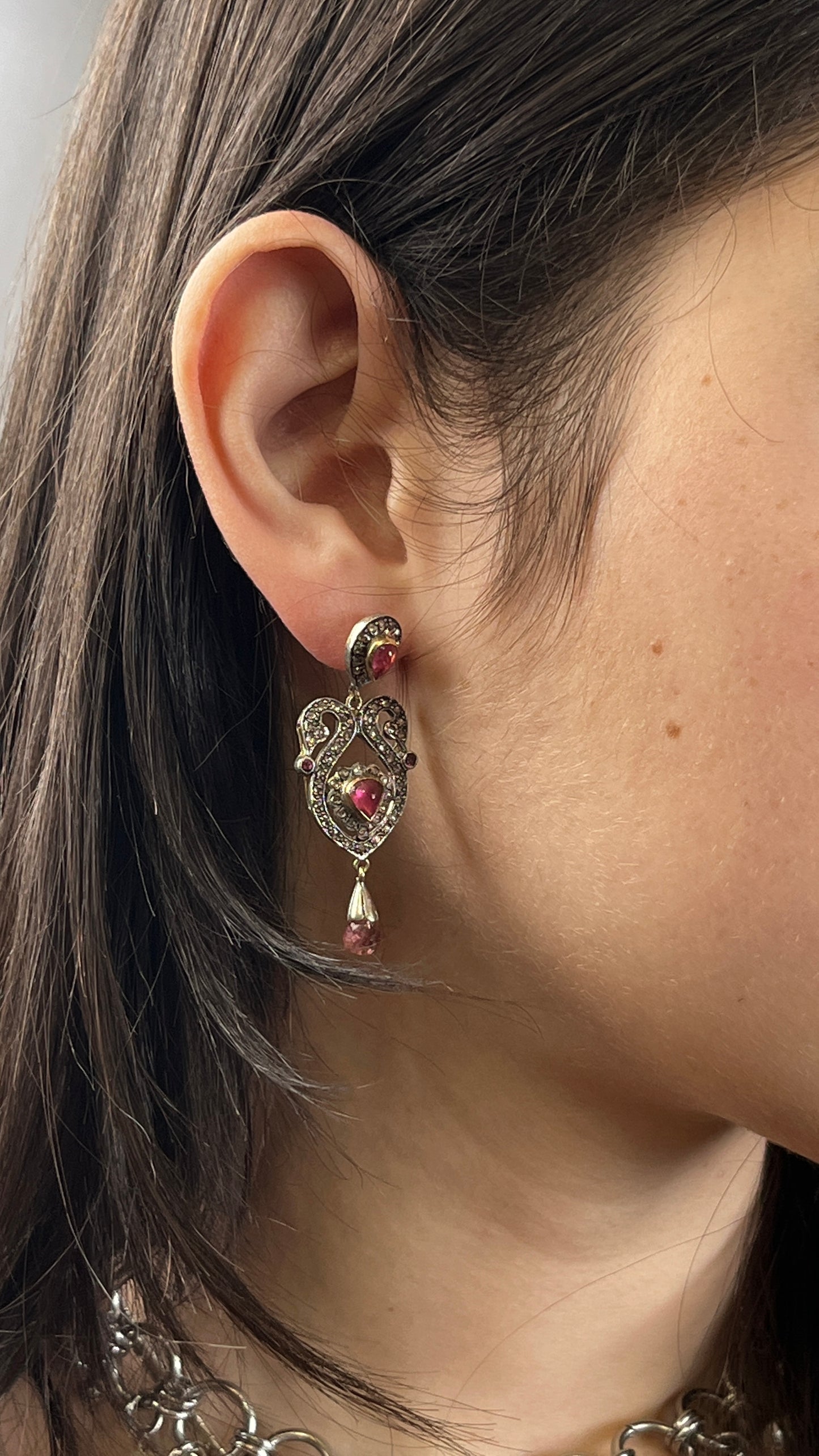 SOLD Antique 14K, Silver, Diamond & Tourmaline Earrings