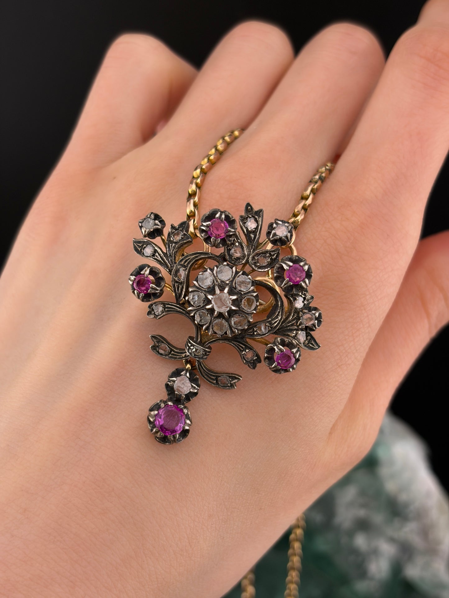 Antique 18K, Silver, Diamond & Ruby Brooch