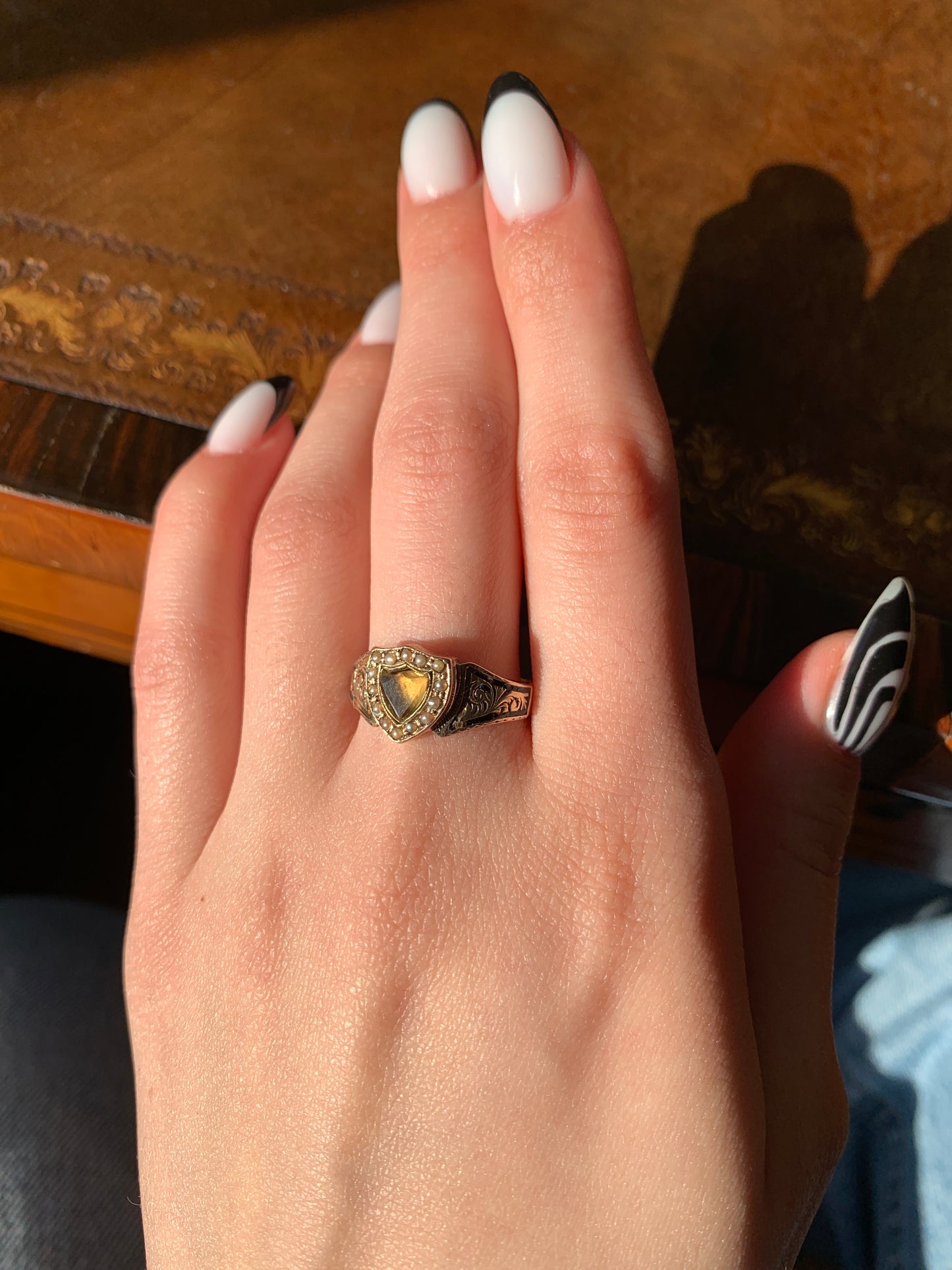SOLD Antique English 9k, Citrine, Seed Pearl & Enamel Shield Ring
