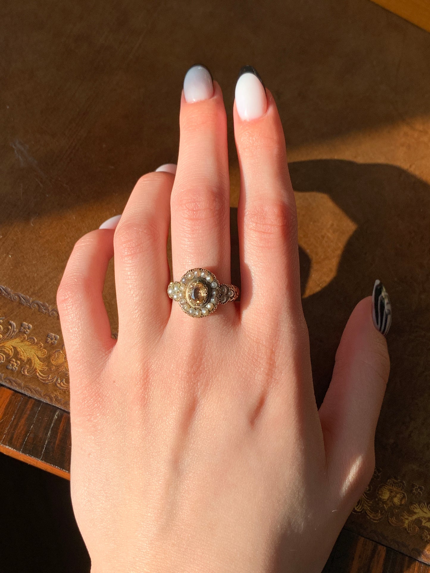 SOLD Antique 15K, Citrine & Seed Pearl Mourning Ring