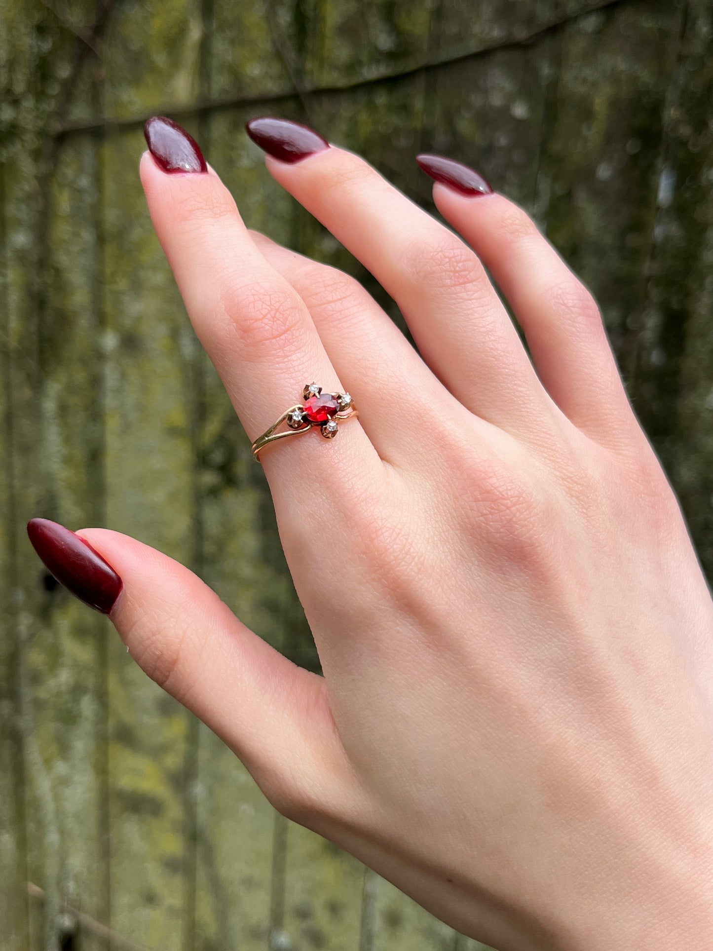 Antique 18K, 14K, Diamond & Perpignan Garnet Ring