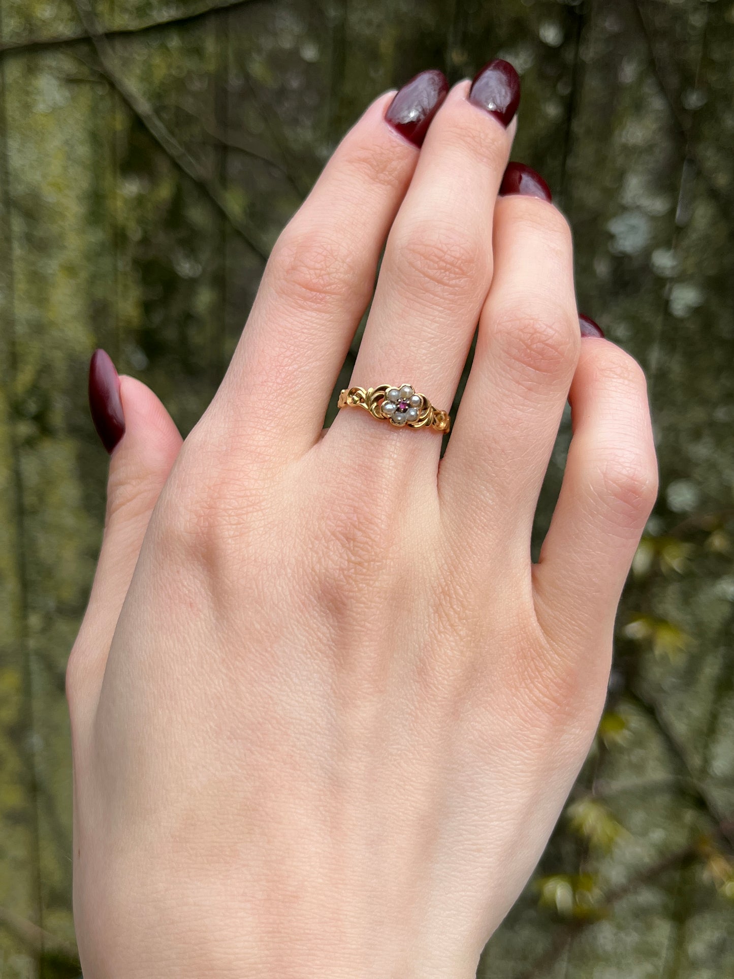 SOLD Antique 18K, Ruby & Pearl Forget Me Not Ring