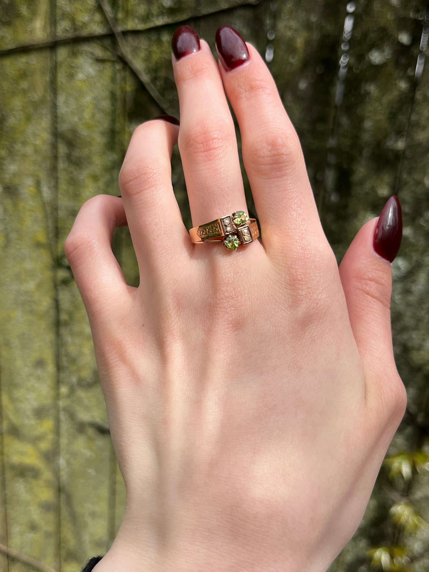 SOLD Antique 18K, Peridot & Seed Pearl Ring