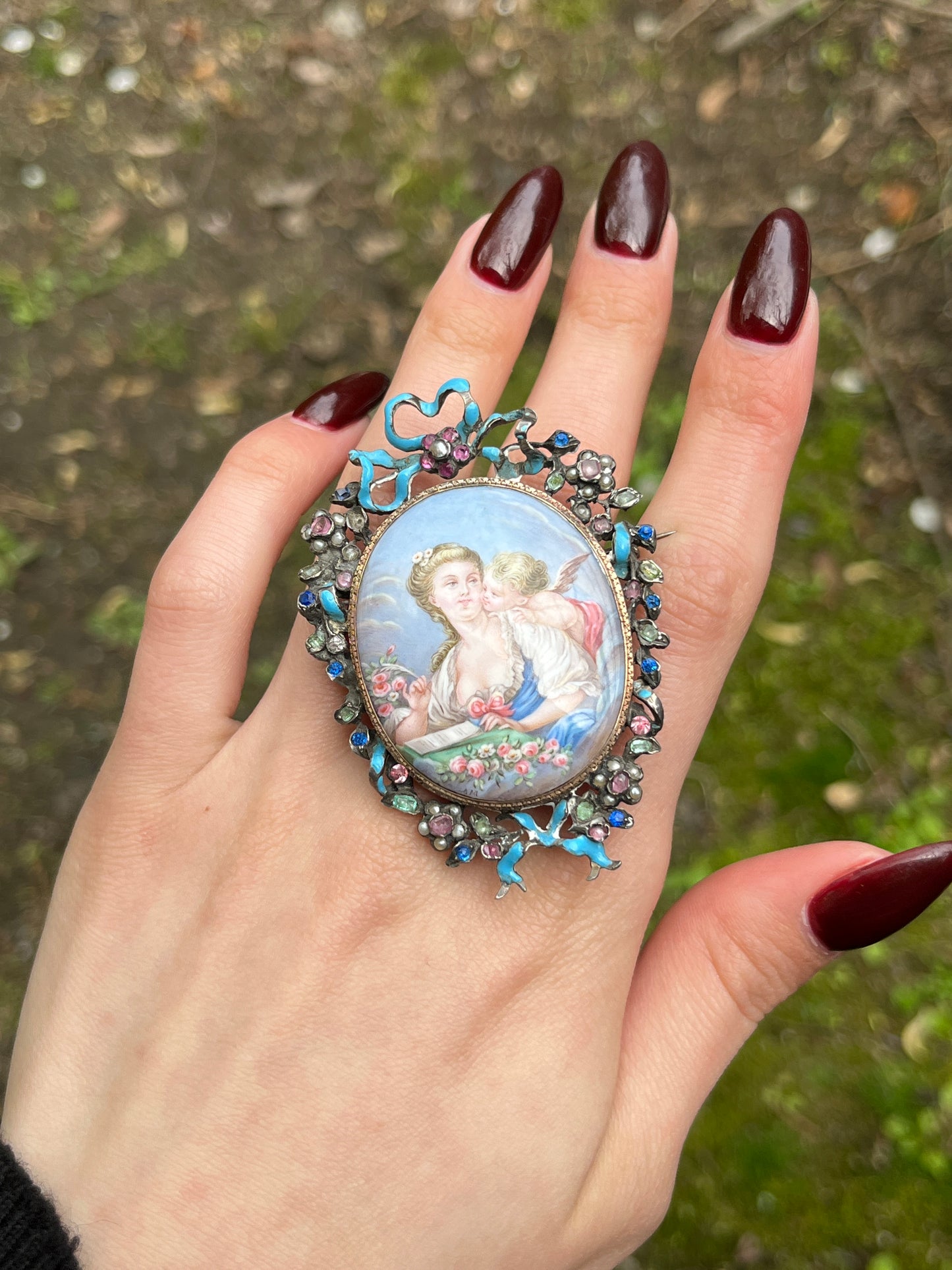 Antique 18K, Silver, Ruby, Tourmaline, Topaz, Paste, Pearl & Hand Painted Enamel Brooch