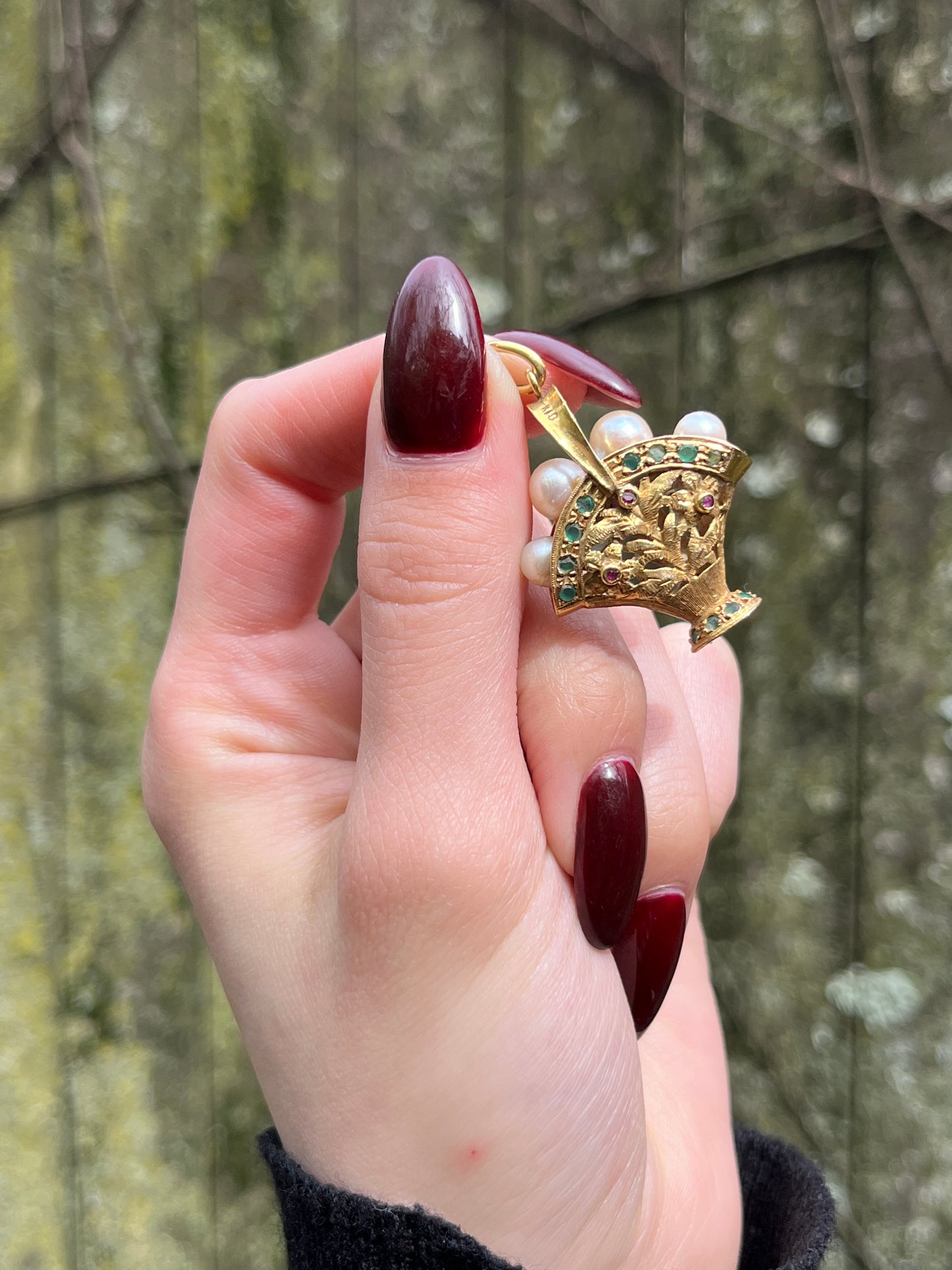 Vintage 18K, Ruby, Emerald & Pearl Italian Basket Pendant