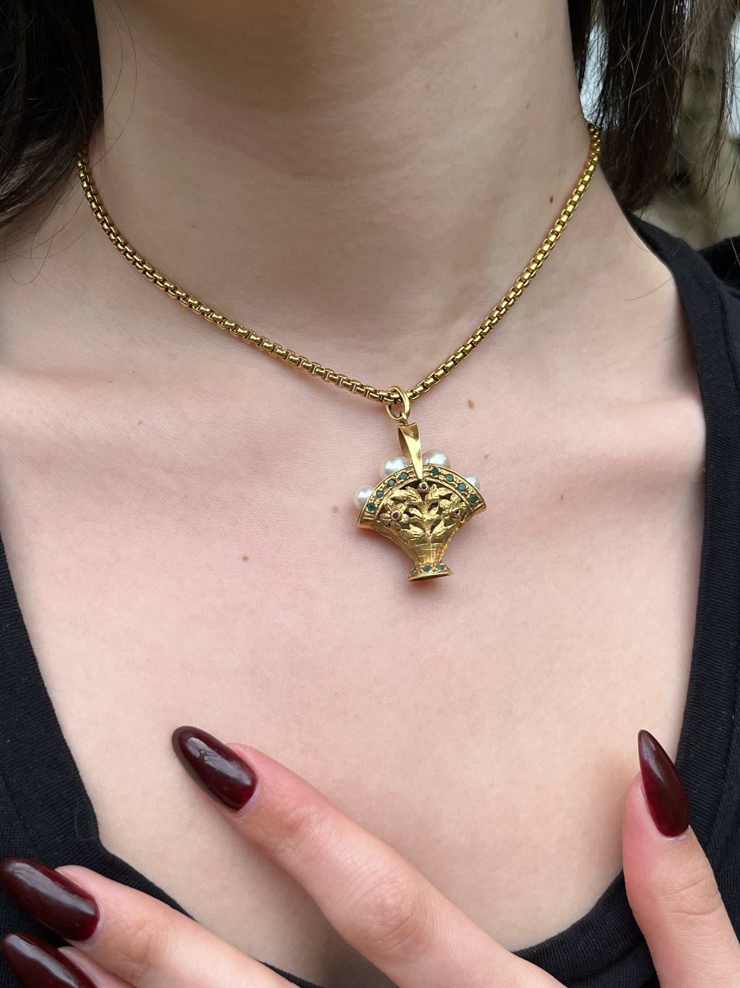 Vintage 18K, Ruby, Emerald & Pearl Italian Basket Pendant