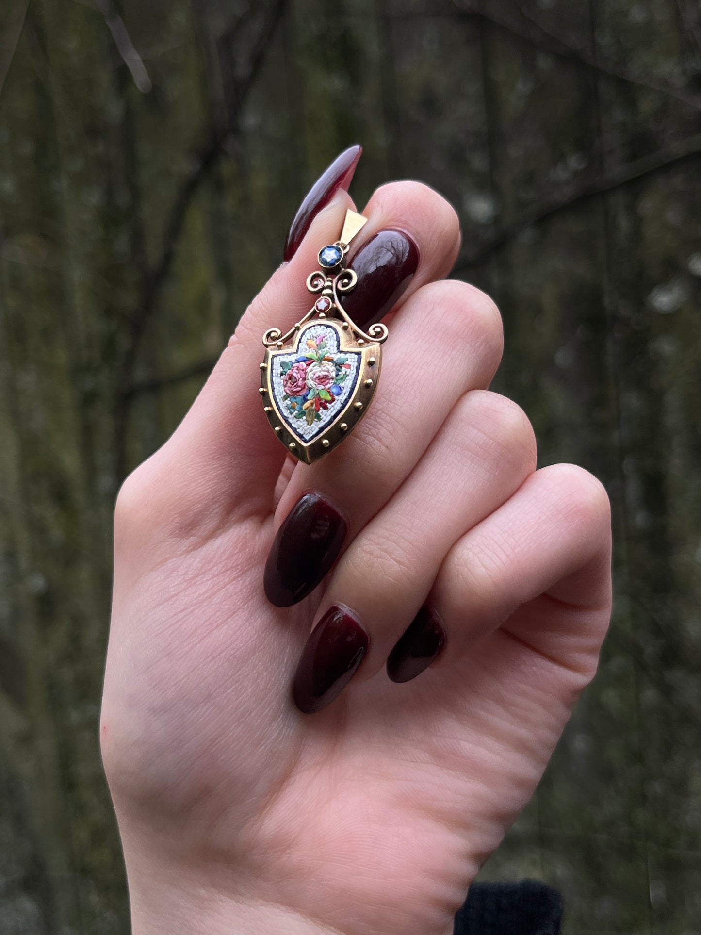 SOLD--Antique 18K Micro Mosaic Floral Shield Pendant