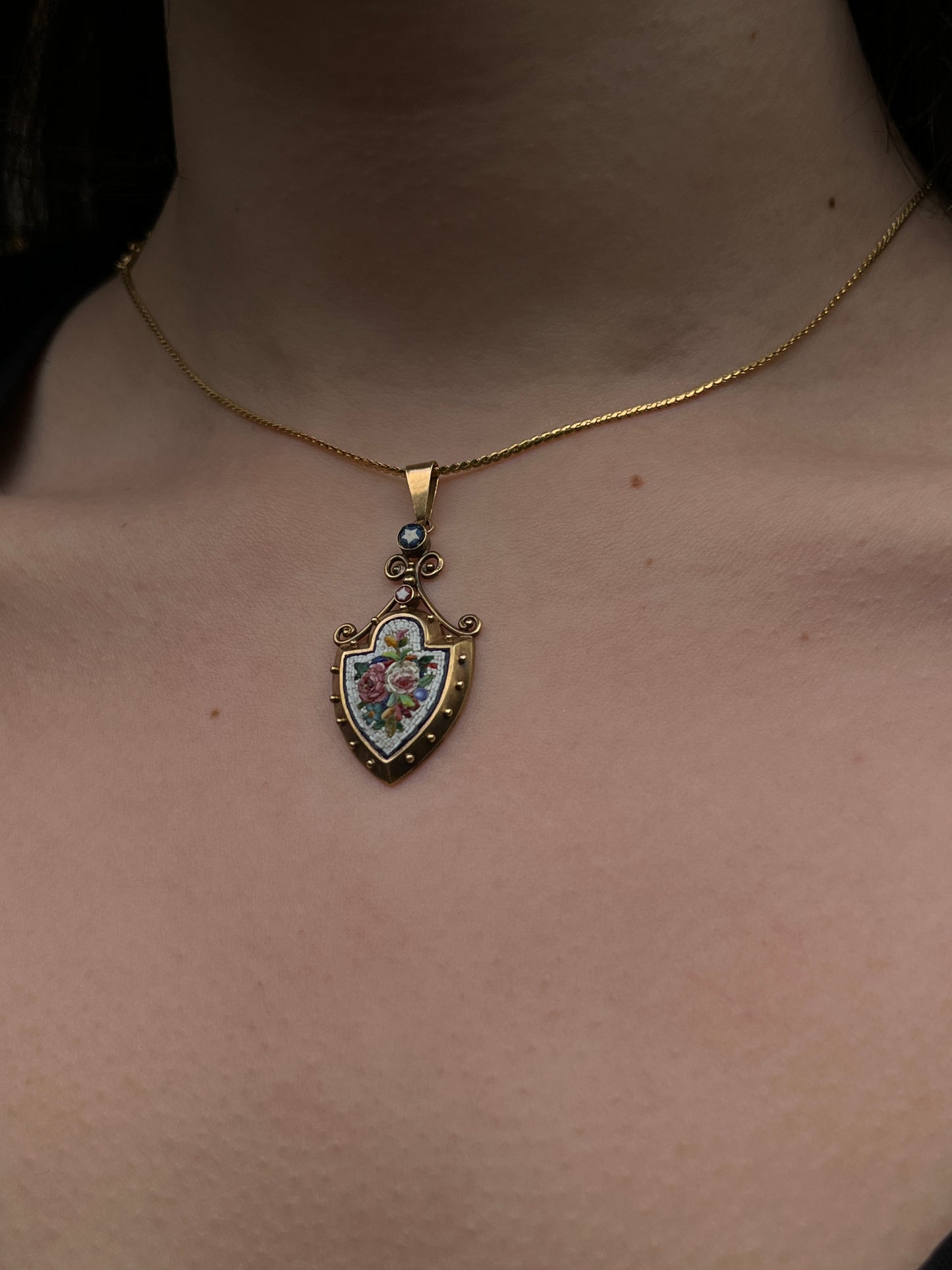 SOLD--Antique 18K Micro Mosaic Floral Shield Pendant