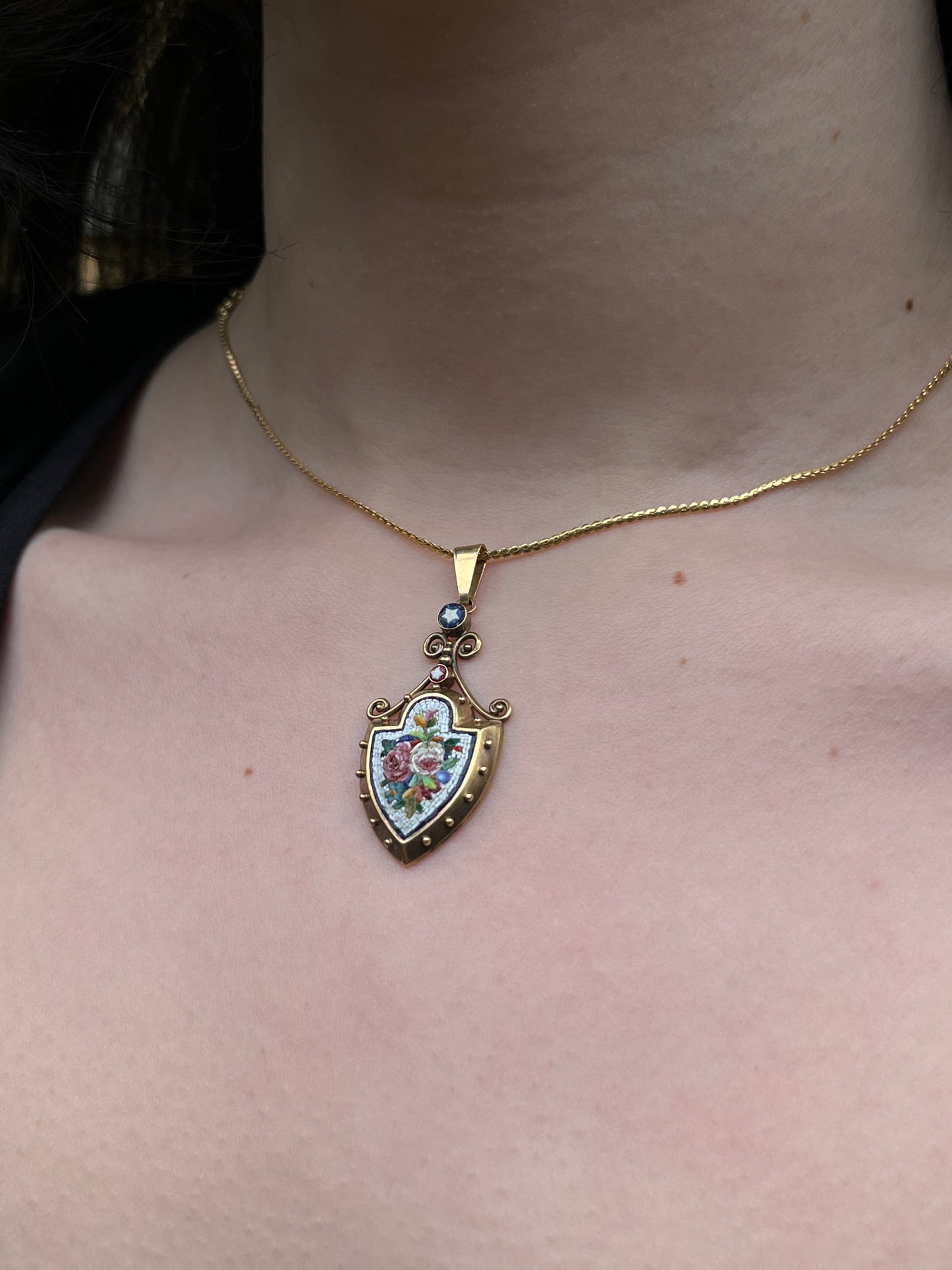 SOLD--Antique 18K Micro Mosaic Floral Shield Pendant